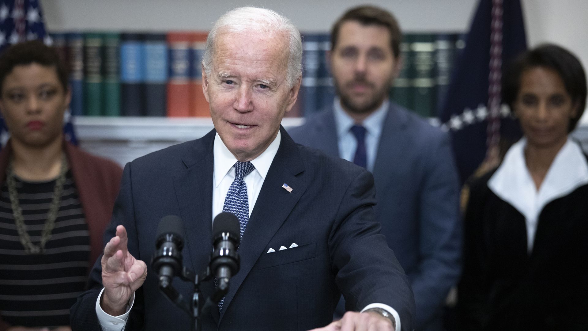 President Joe Biden speaks inside the Roosevelt Room on national deficit reduction at the White House.