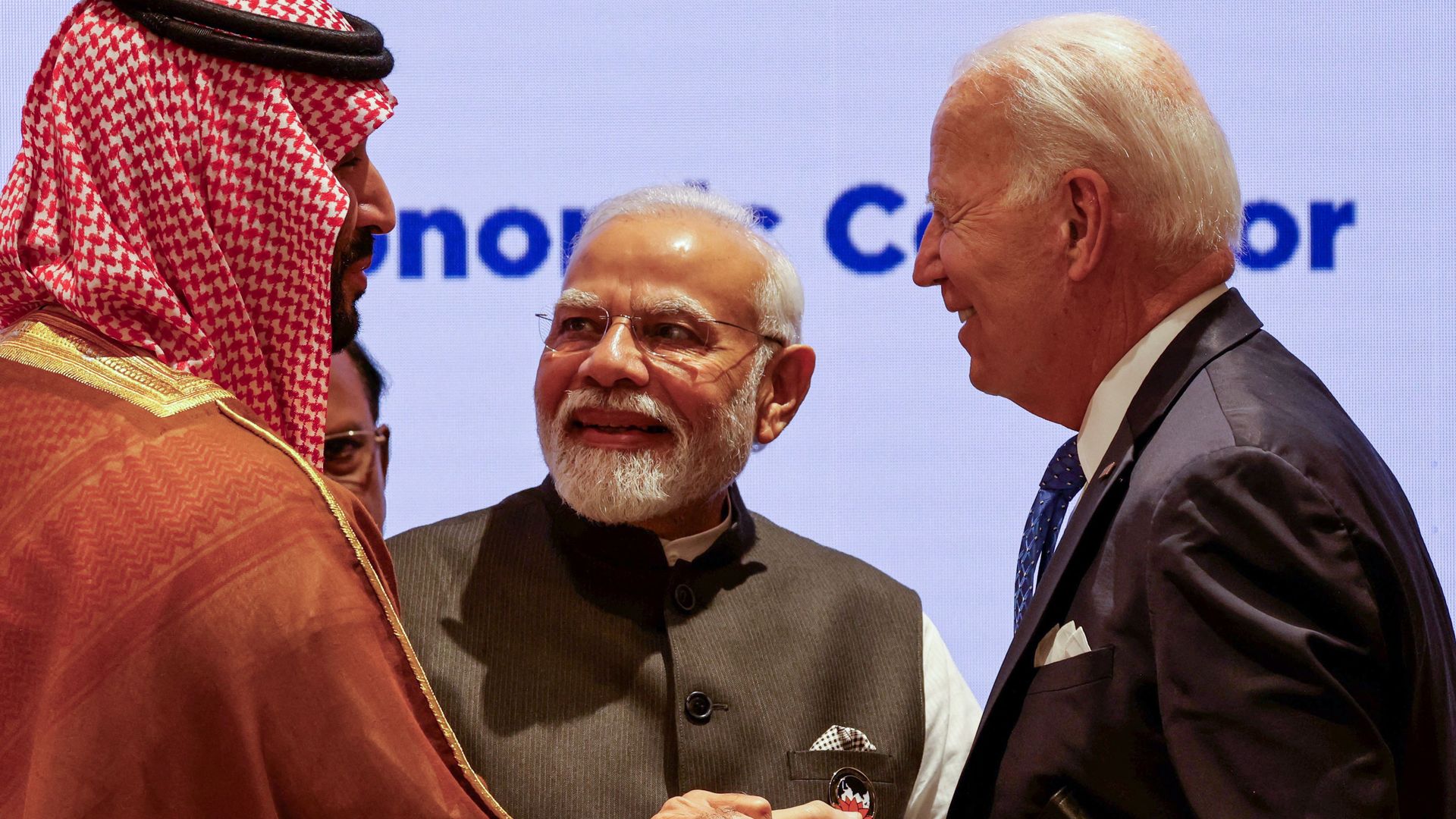 Saudi Crown Prince Mohammed bin Salman, Indian Prime Minister Narendra Modi and President Biden at the G20 in New Delhi.
