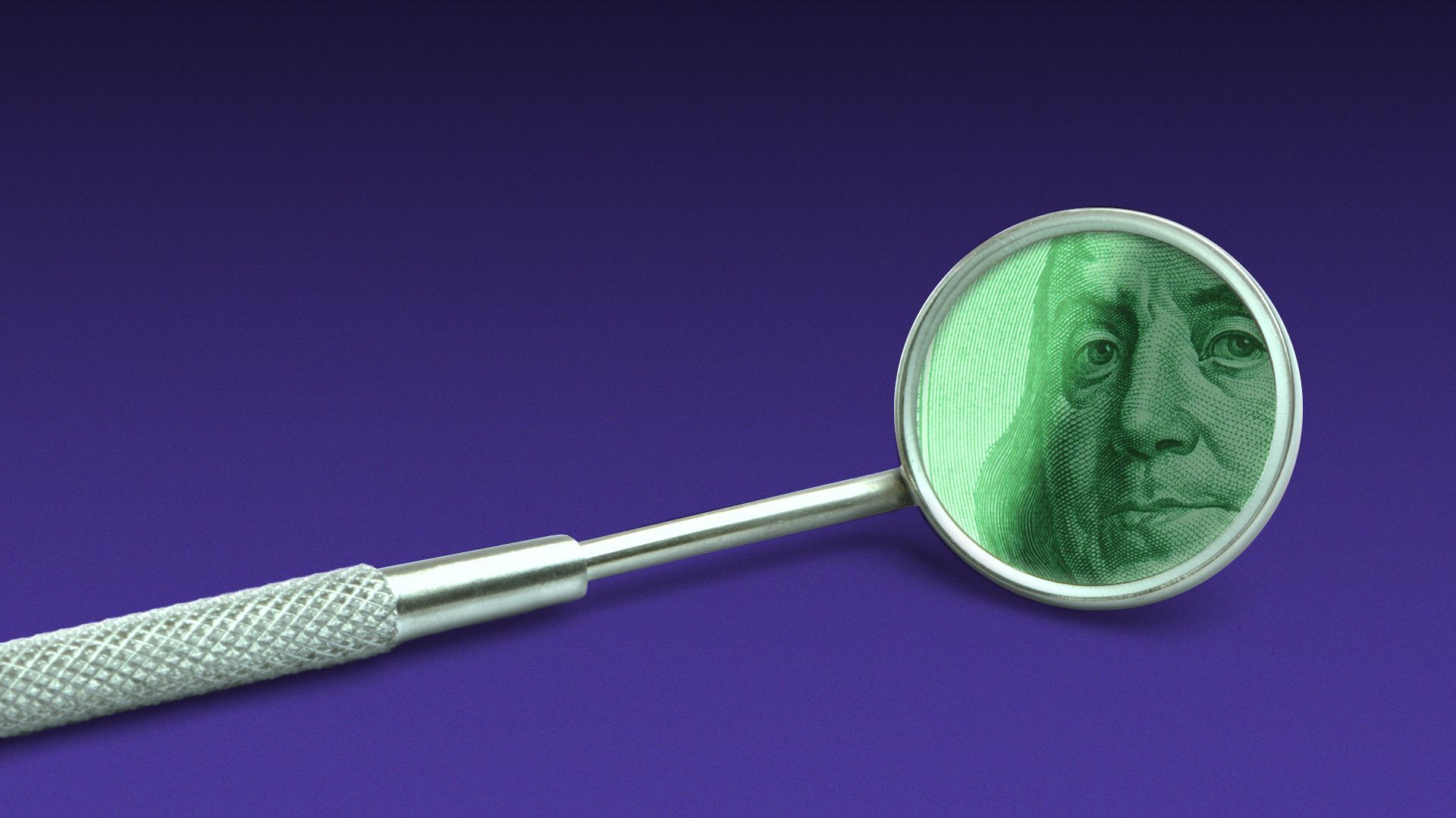 Illustration of a mouth mirror with Benjamin Franklin's face reflected in it.