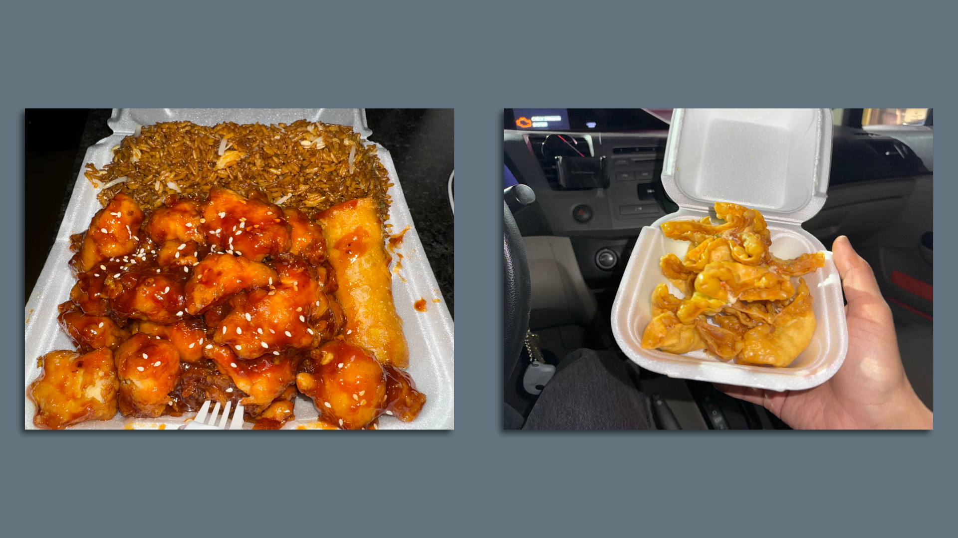 Sam's sesame chicken and crab rangoon from Pekin Pavilion.