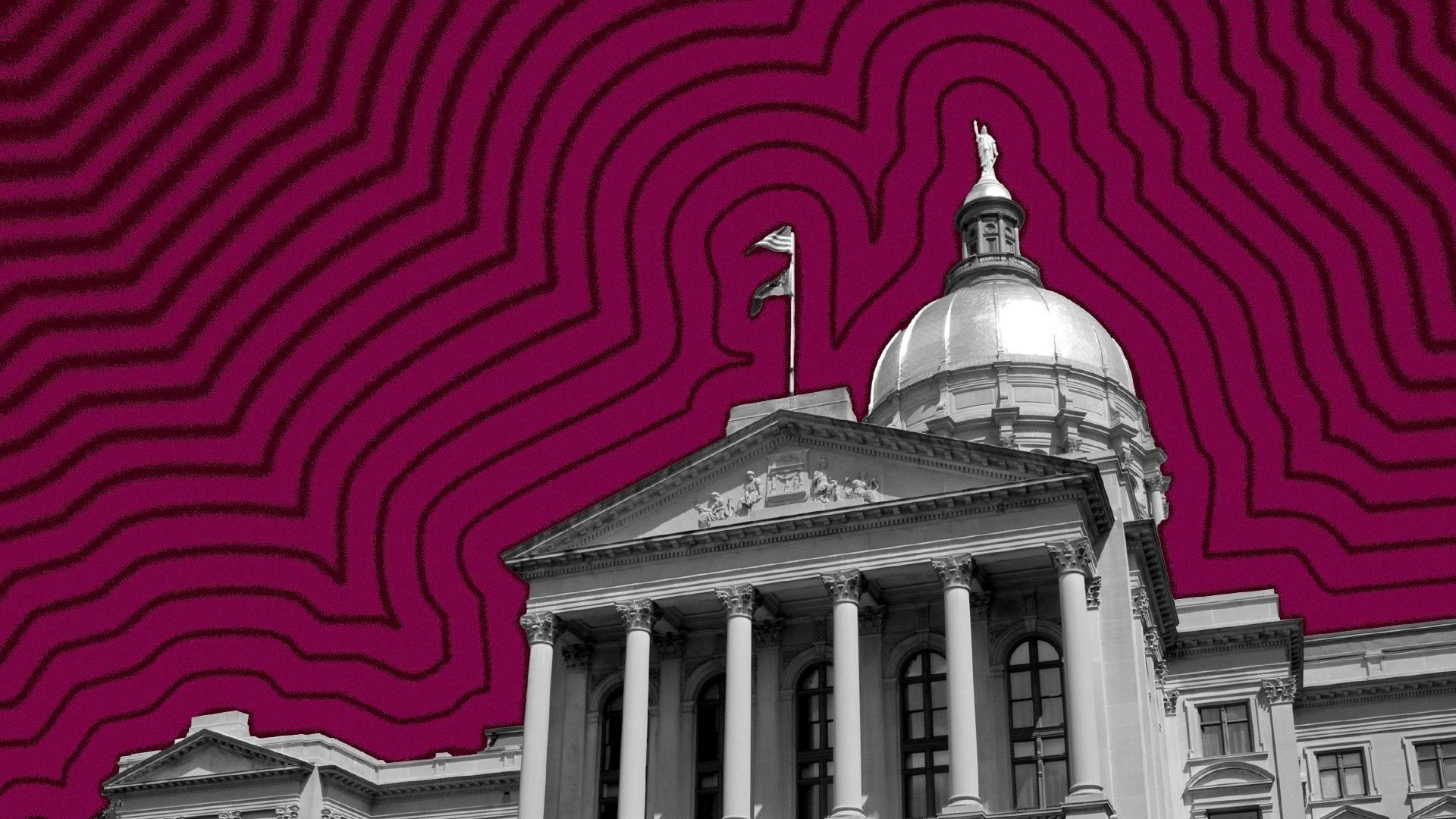 Illustration of the front of the Georgia State Capitol with a red background.