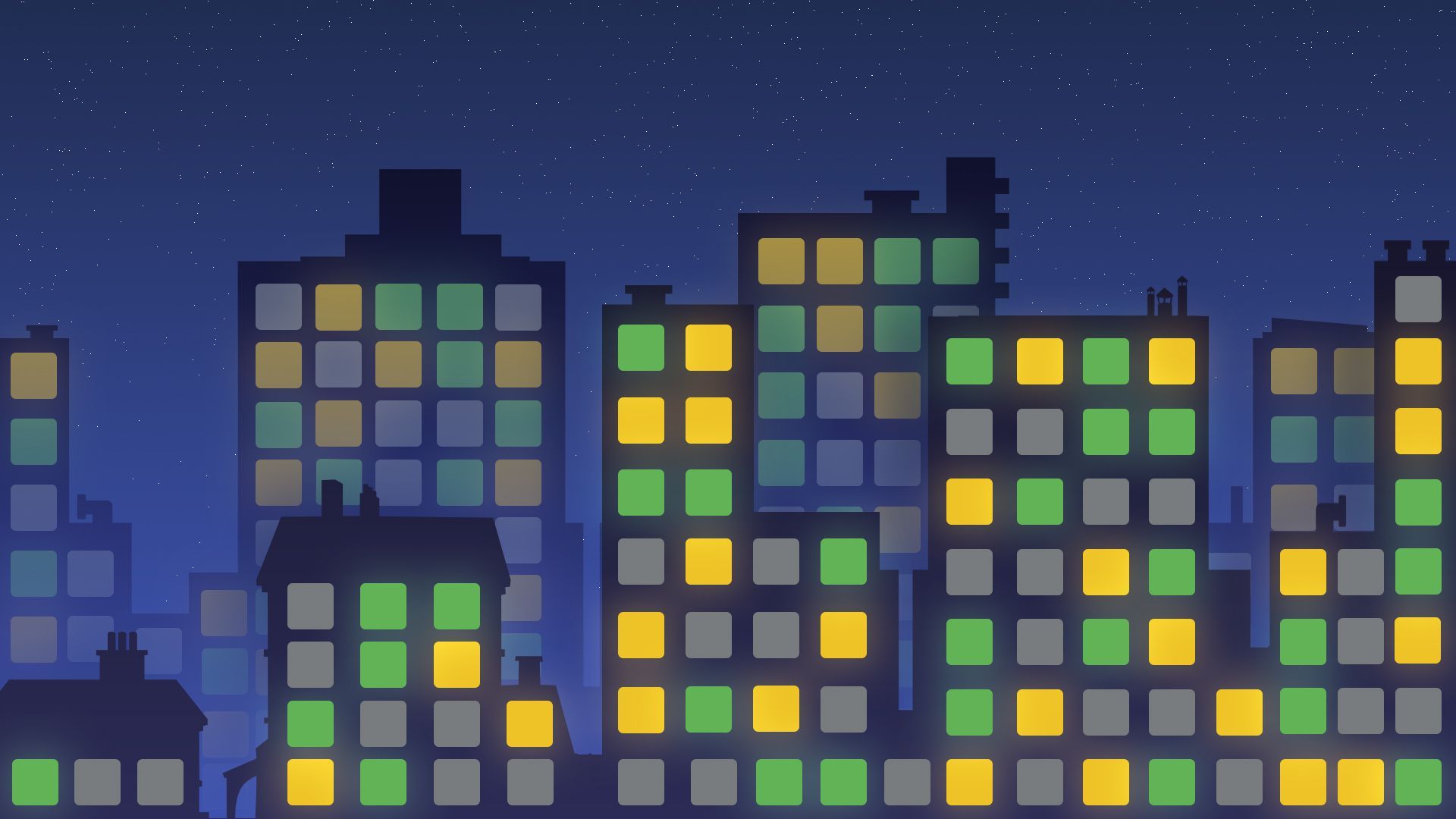 Illustration of a city and townscape with the windows as glowing Wordle squares.