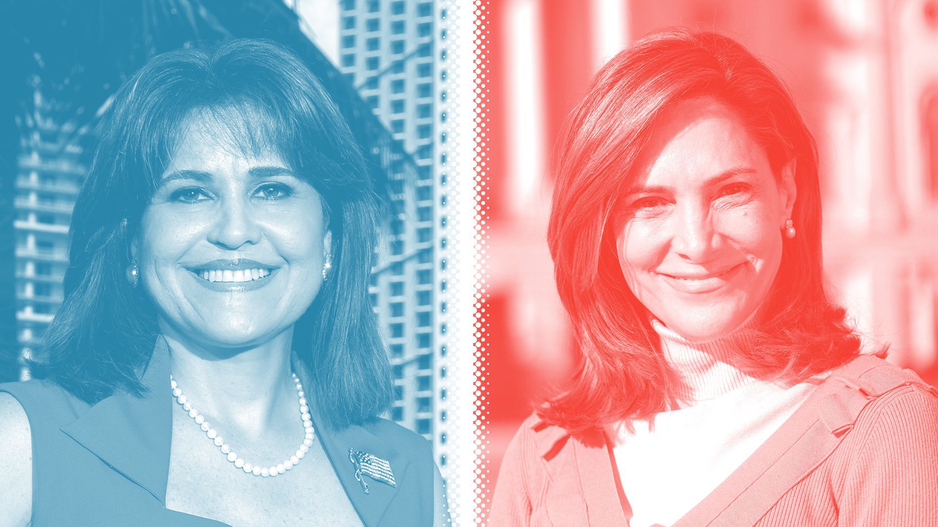 Photo illustration of Annette Taddeo, tinted blue, and Maria Elvira Salazar, tinted red, separated by a white halftone divider.