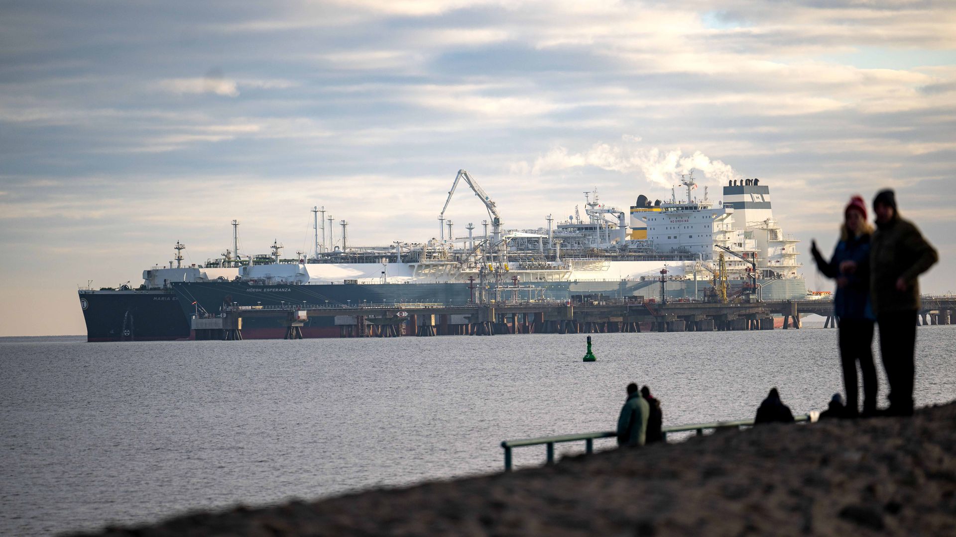The tanker "Maria Energy" loaded with liquefied natural gas is moored at the floating terminal, the special ship "Höegh Esperanza".