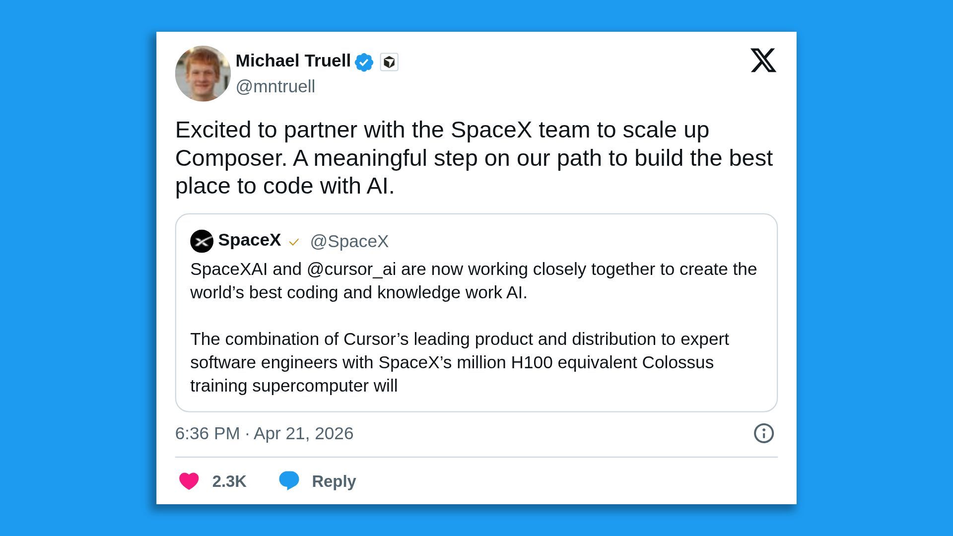 White tweet card on blue background featuring Michael Truell's avatar and verified badge; text announces partnering with SpaceX to scale Composer for AI coding, with a SpaceX quote tweet below.