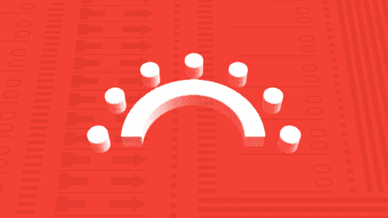 Animated illustration of dots around a half-circle table over a red background, which turn into a checkmark.