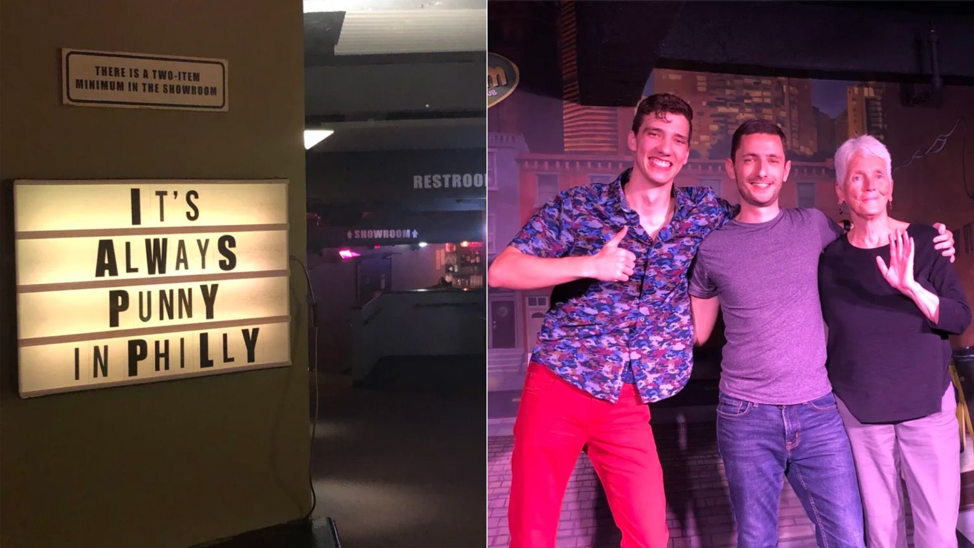 Left to right: A lighted sign reads "IT'S ALWAYS PUNNY IN PHILLY" and three smiling contestants giving a thumbs up at a past show.