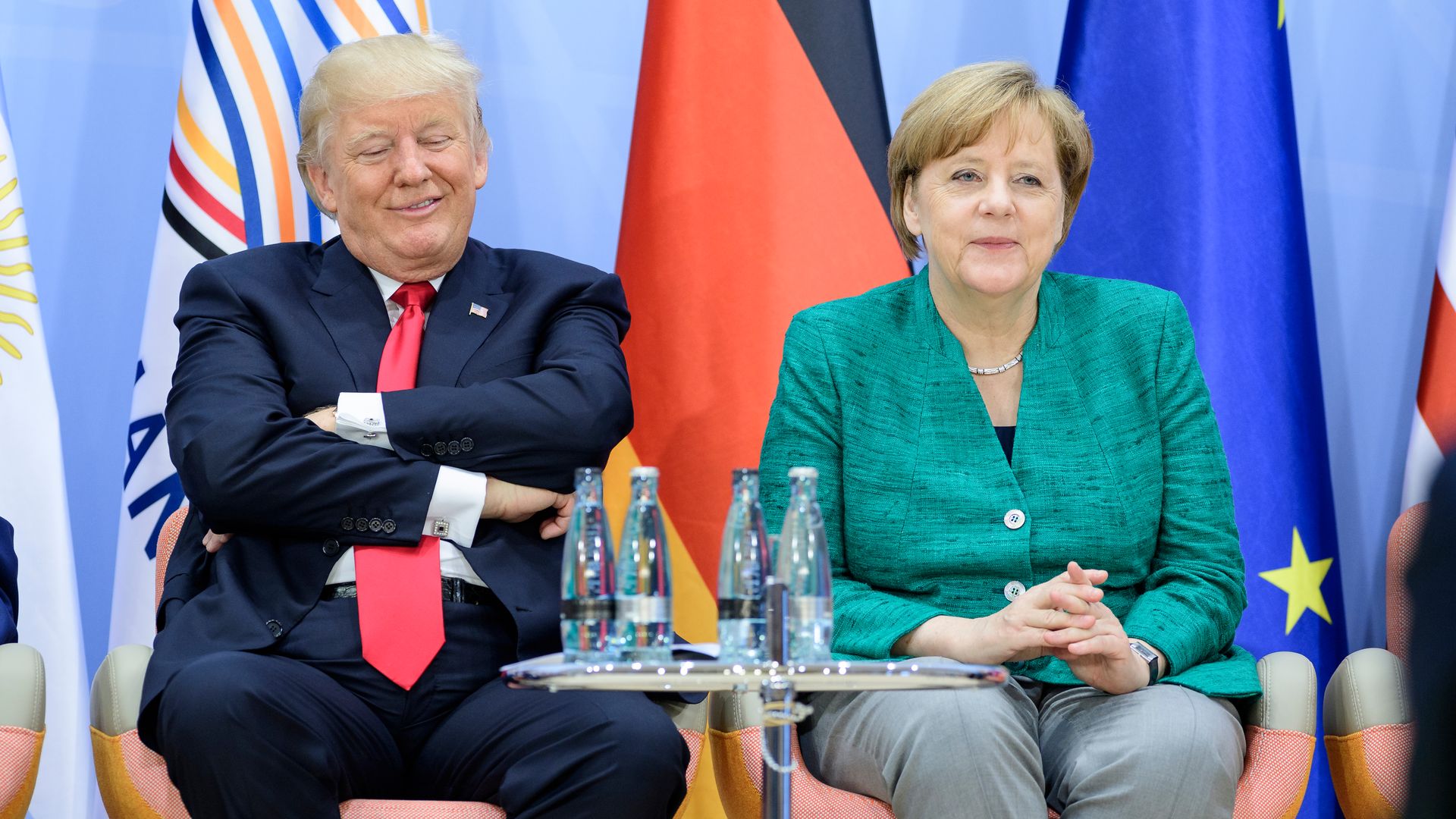resident, Donald Trump and German Chancellor Angela Merkel attend a panel discussion titled 'Launch Event Women's Entrepreneur Finance Initiative'