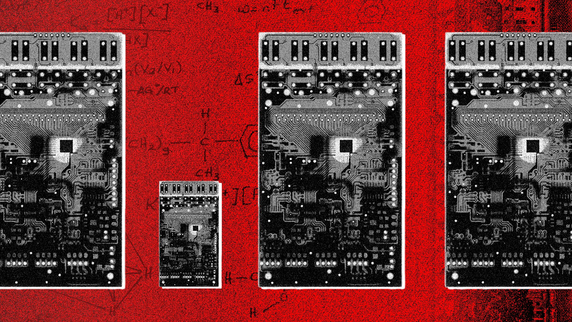 illustration of three large microchips and one very small microchip on a background overlaid with money and scientific notes