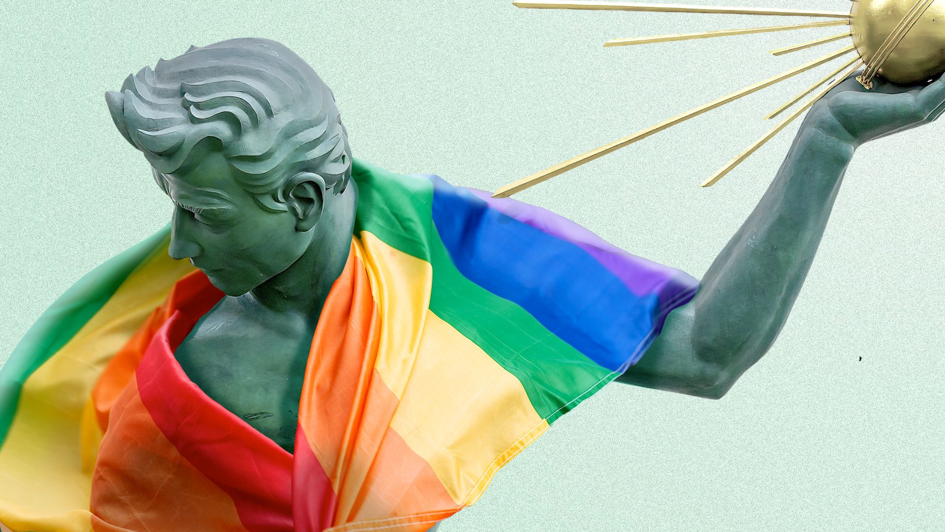 Illustration of the Spirit of Detroit statue with a Pride Flag draped over its shoulders.