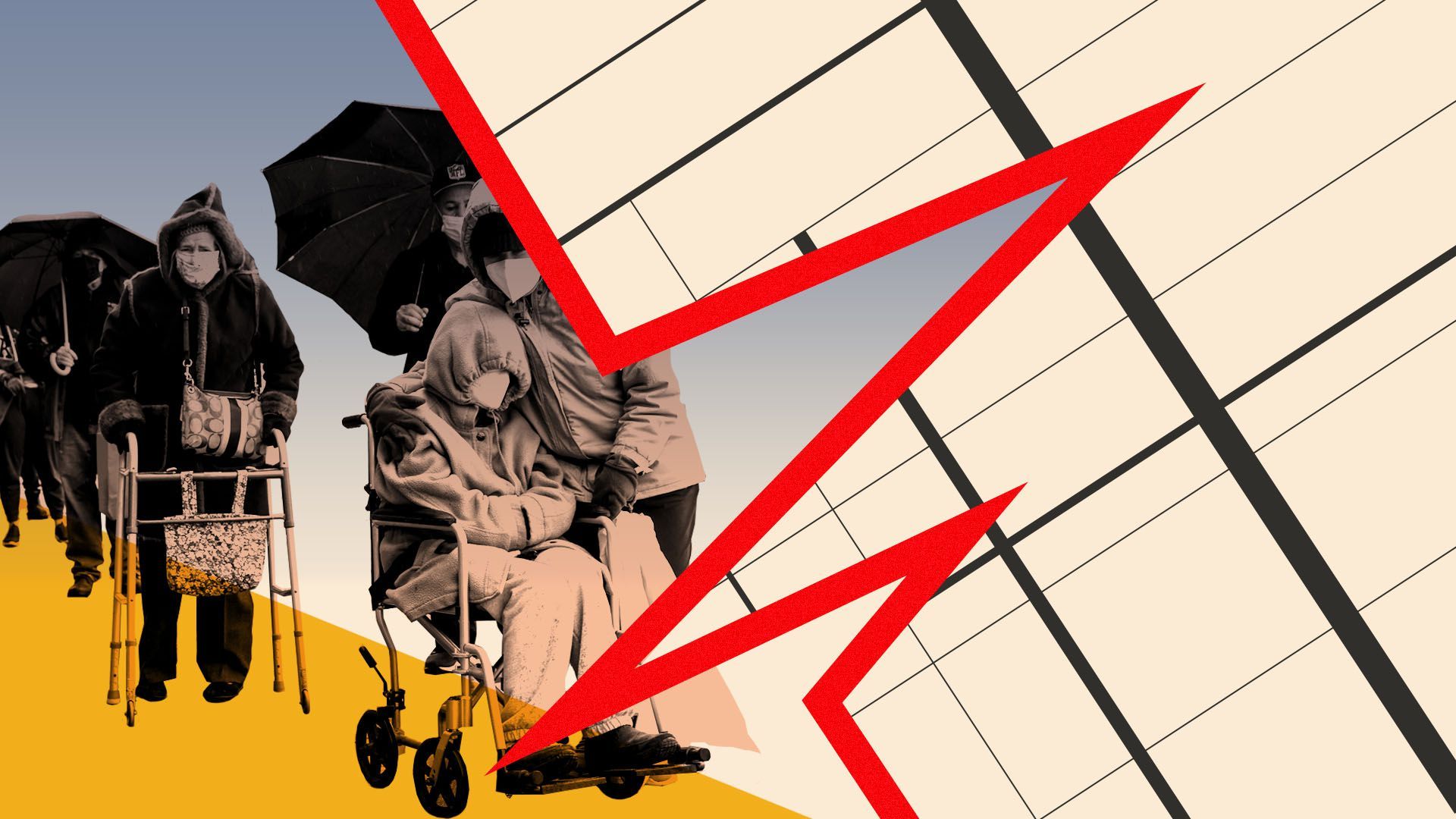 Photo illustration of masked people in a line with an EKG-style line through the middle and grid in the background