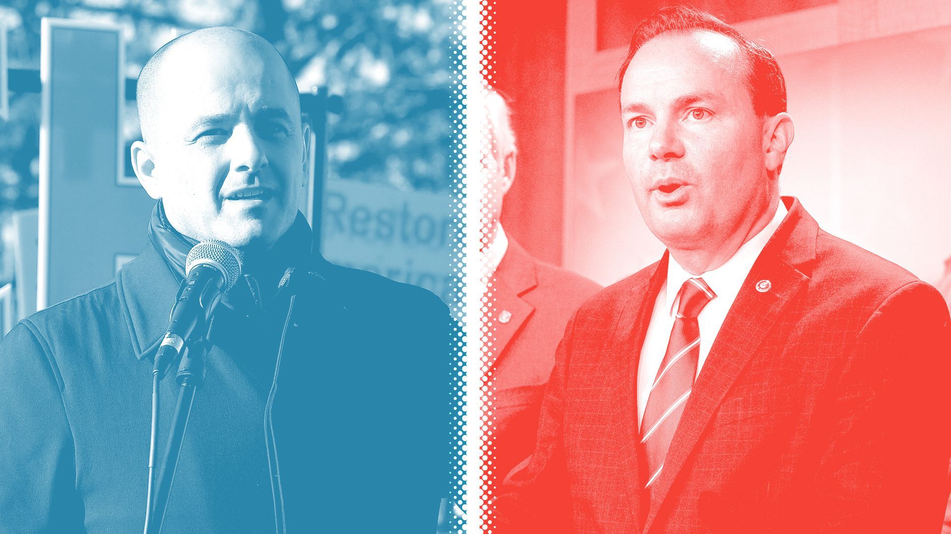 Photo illustration of Evan McMullin, tinted blue, and Mike Lee, tinted red, separated by a white halftone divider.