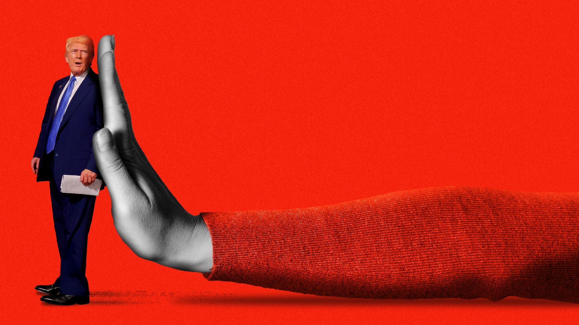 Photo illustration of a giant hand pushing a small President Trump