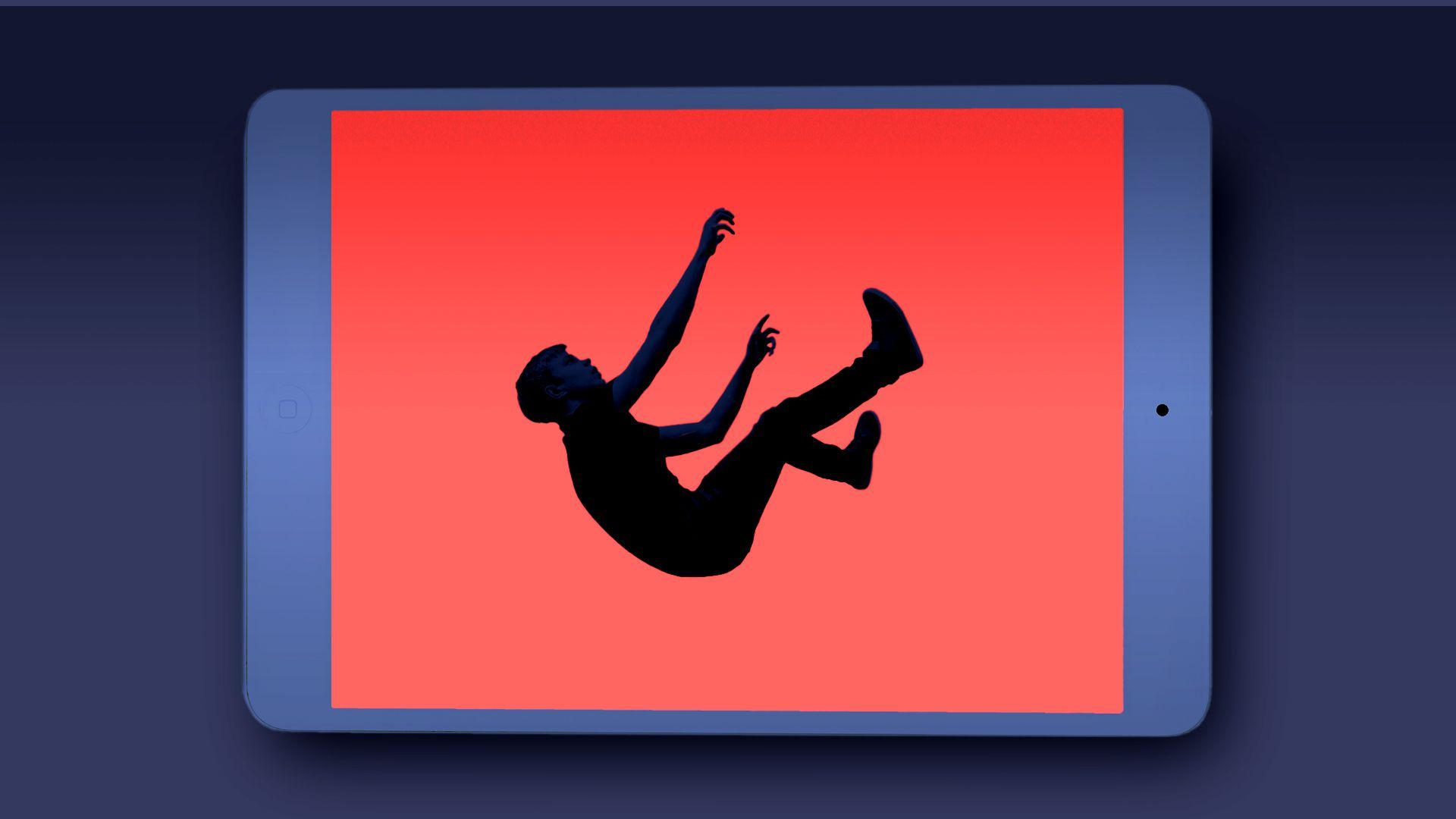 Illustration of a silhouette of a boy falling within a tablet screen