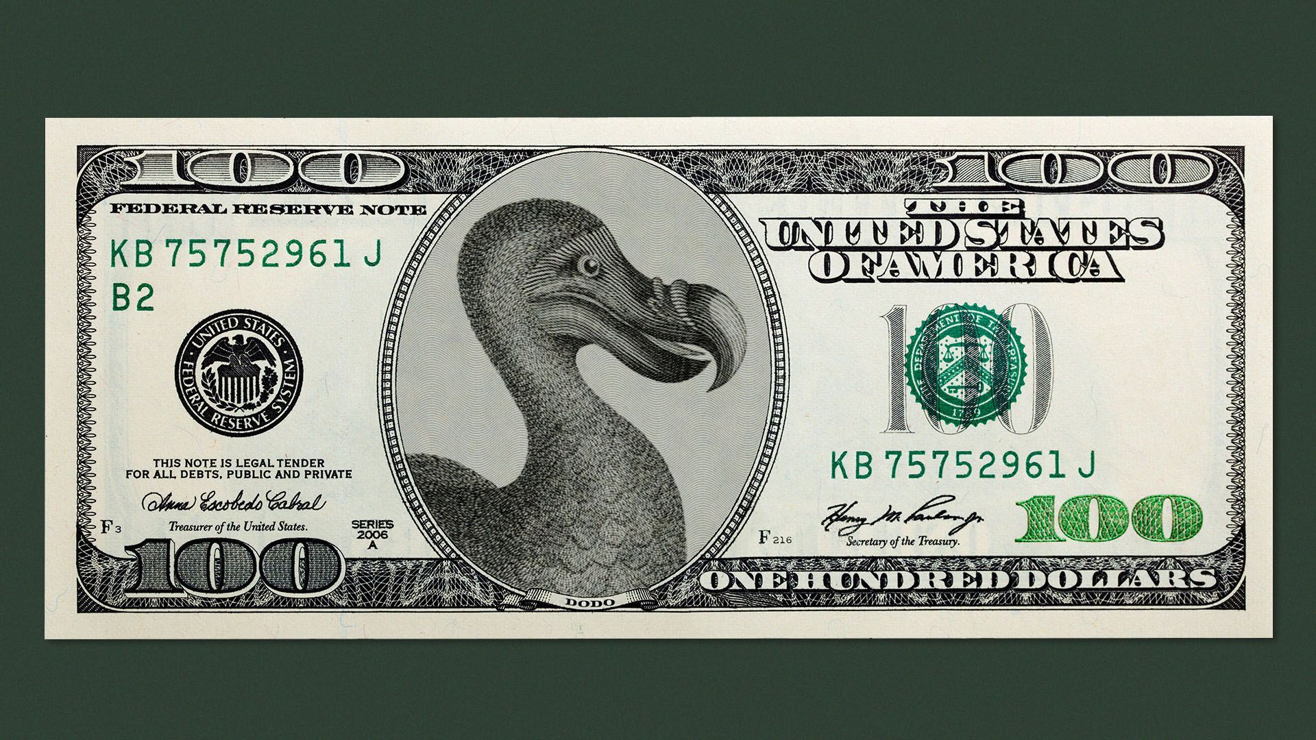 illustration of a one hundred dollar bill with a dodo on it