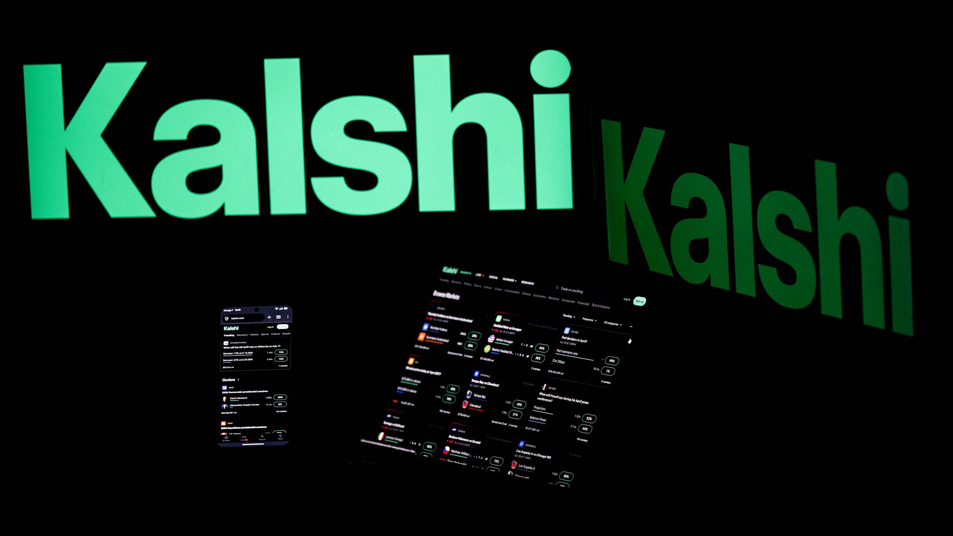 The word "KALSHI" in bright green letting, with another version in fainter green next to it, on a black background, with images on text and icons on computer and phone screens below