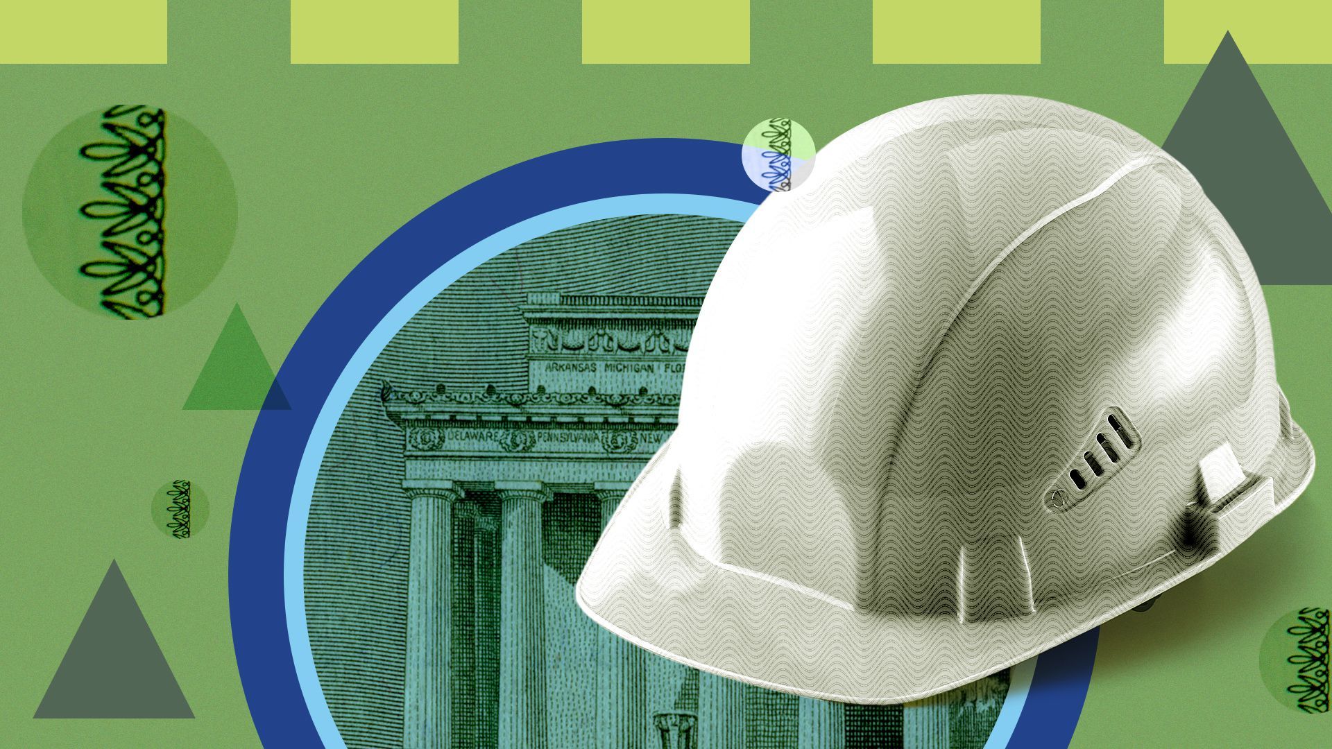 Illustration of a hardhat surrounded by abstract shapes and dollar elements.