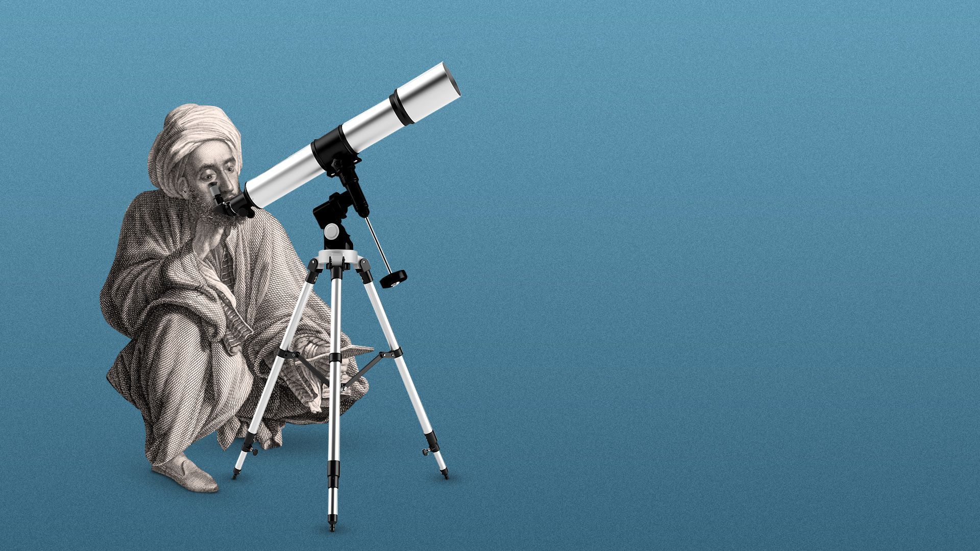 Photo illustration of an astronomer from 1822 looking through a modern day telescope.