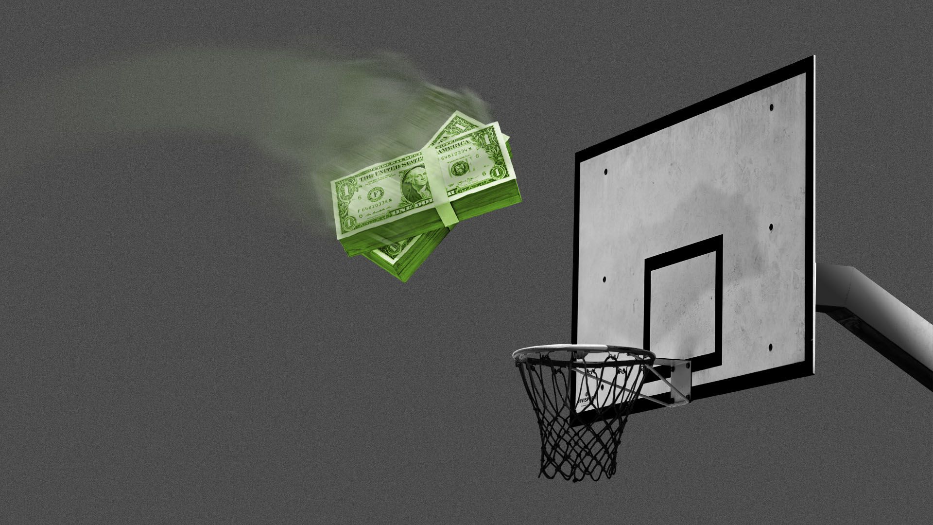 Illustration of a stack of money being thrown at a basketball hoop