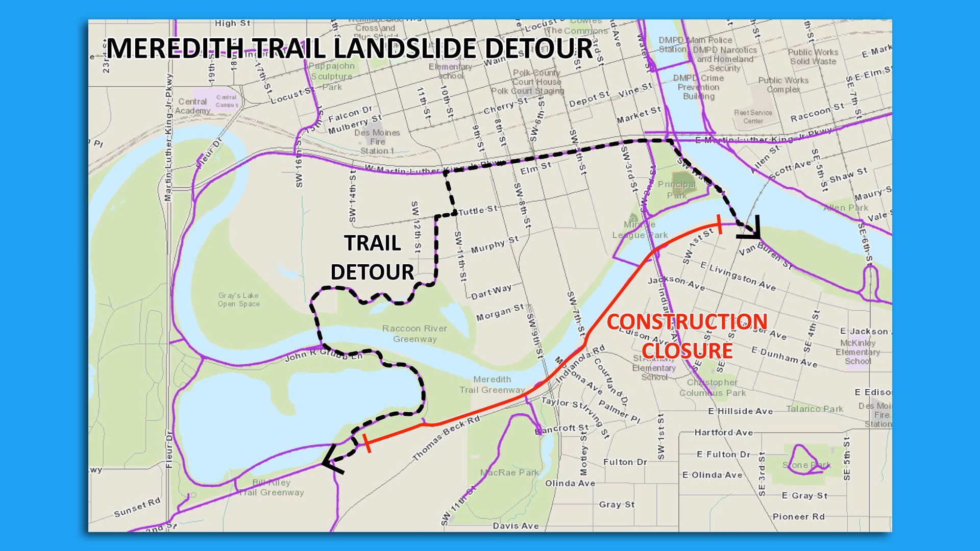 A map showing bike lane closures and detours in Des Moines.