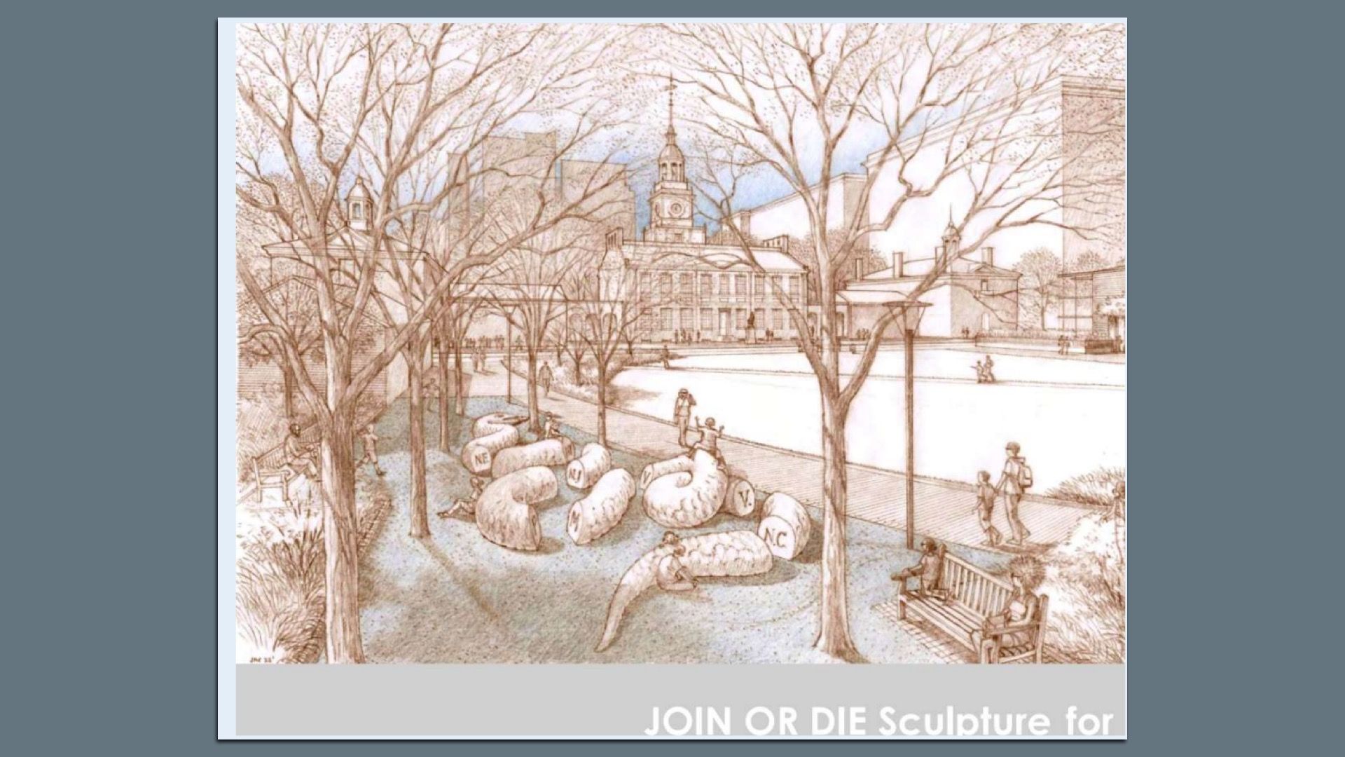 Brown-toned sketch of a city square: bare trees in the foreground, a clock tower behind, and large pale sculpture forms on the ground; people stroll and benches line the path.