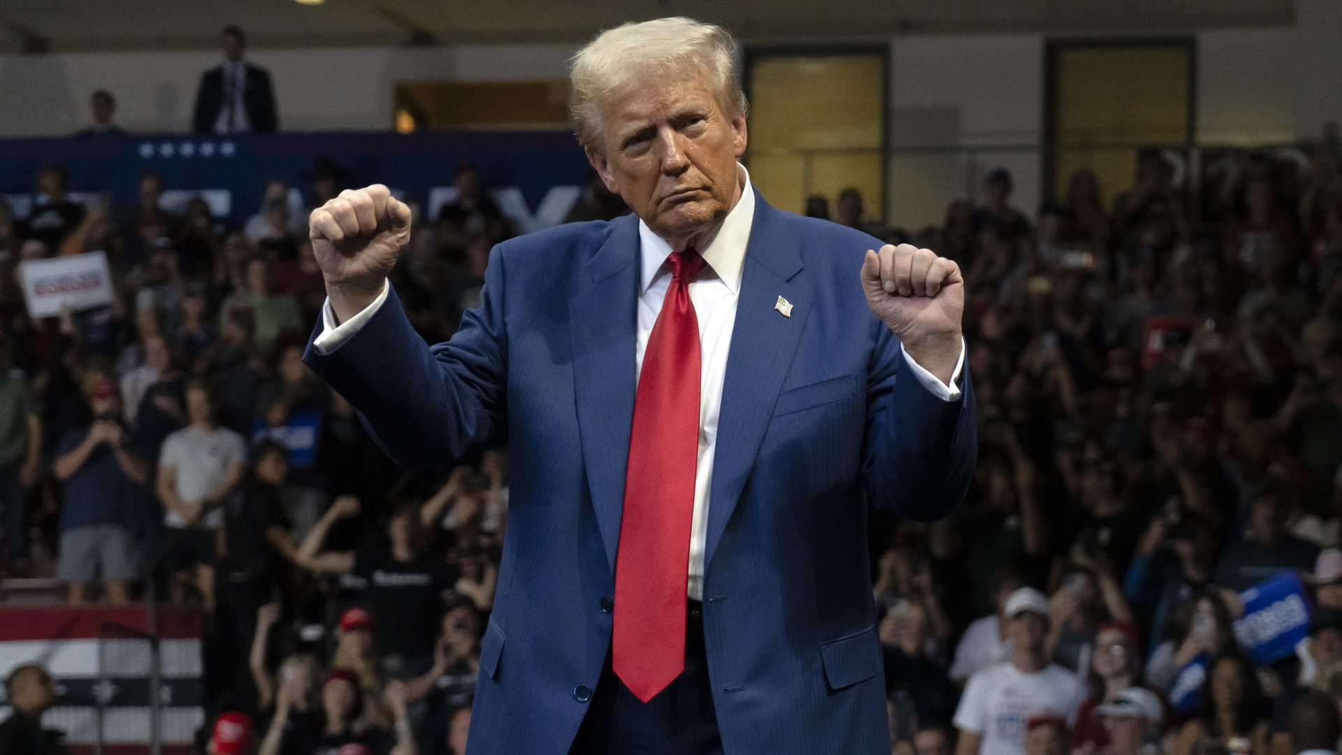 U.S. Republican presidential nominee, former President Donald Trump dances during a campaign rally at Findlay Toyota Center on October 13, 2024 in Prescott Valley, Arizona