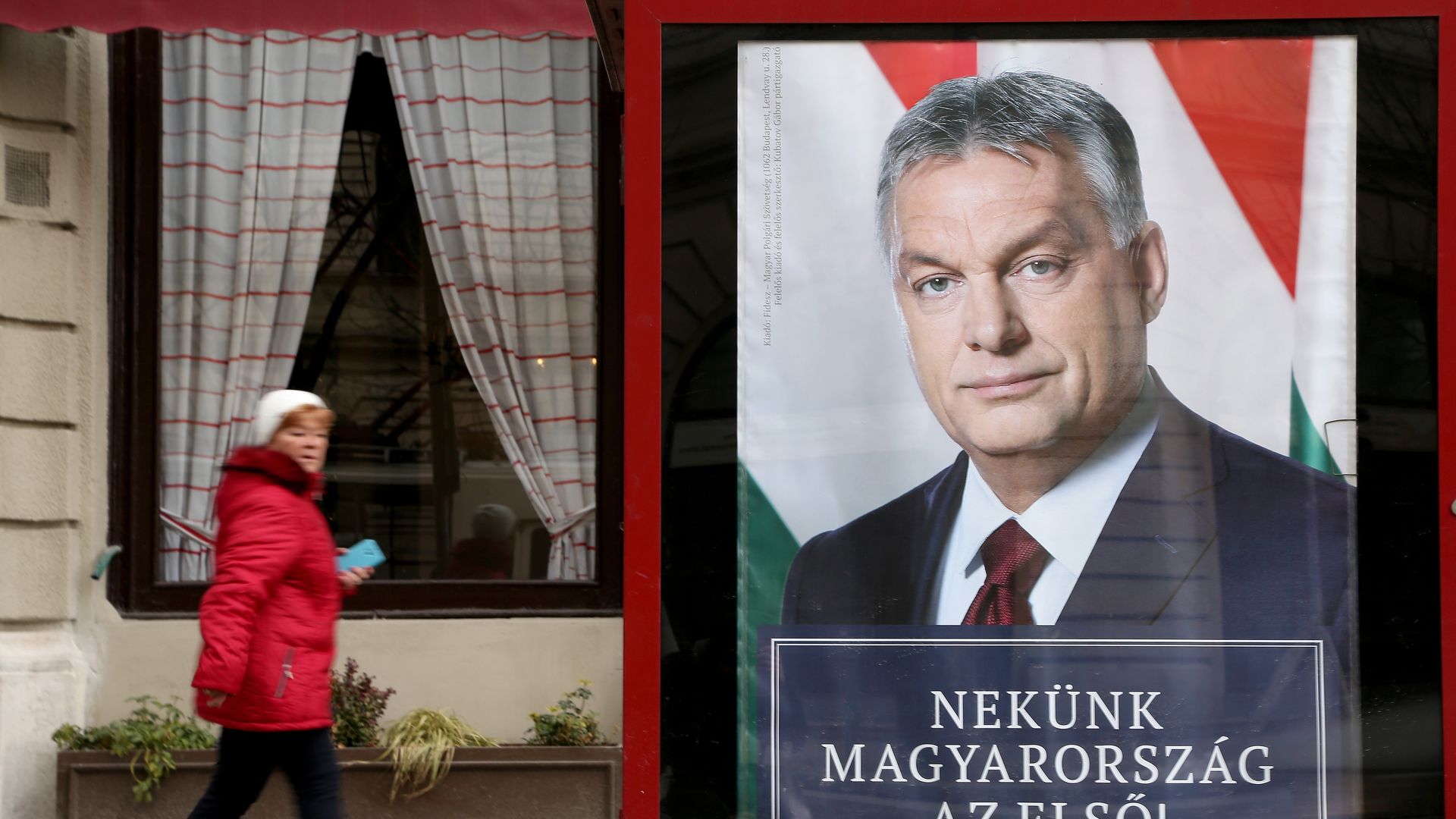 A poster featuring Hungarian Prime Minister Viktor Orban hangs prior to the upcoming Hungarian parliamentary elections on April 8, on March 17, 2018 in Budapest, Hungary.