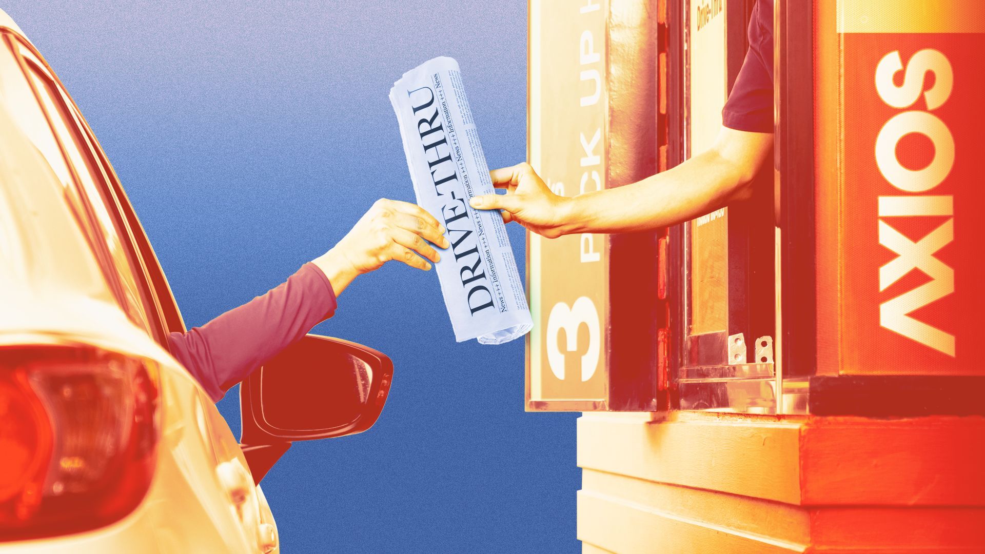 Illustration of a drive-thru window with the attendant passing a newspaper that reads "drive-thru" to a customer through a window