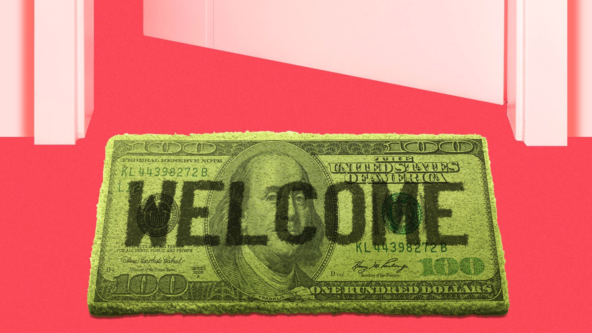 Illustration of a hundred dollar bill as a welcome mat at an open door