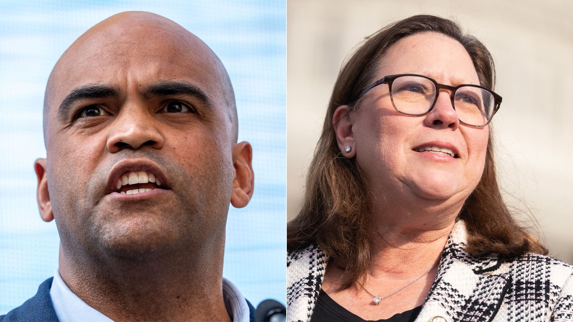 A close-up photo of former U.S. Rep. Colin Allred next to a close-up photo of U.S. Rep. Julie Johnson.