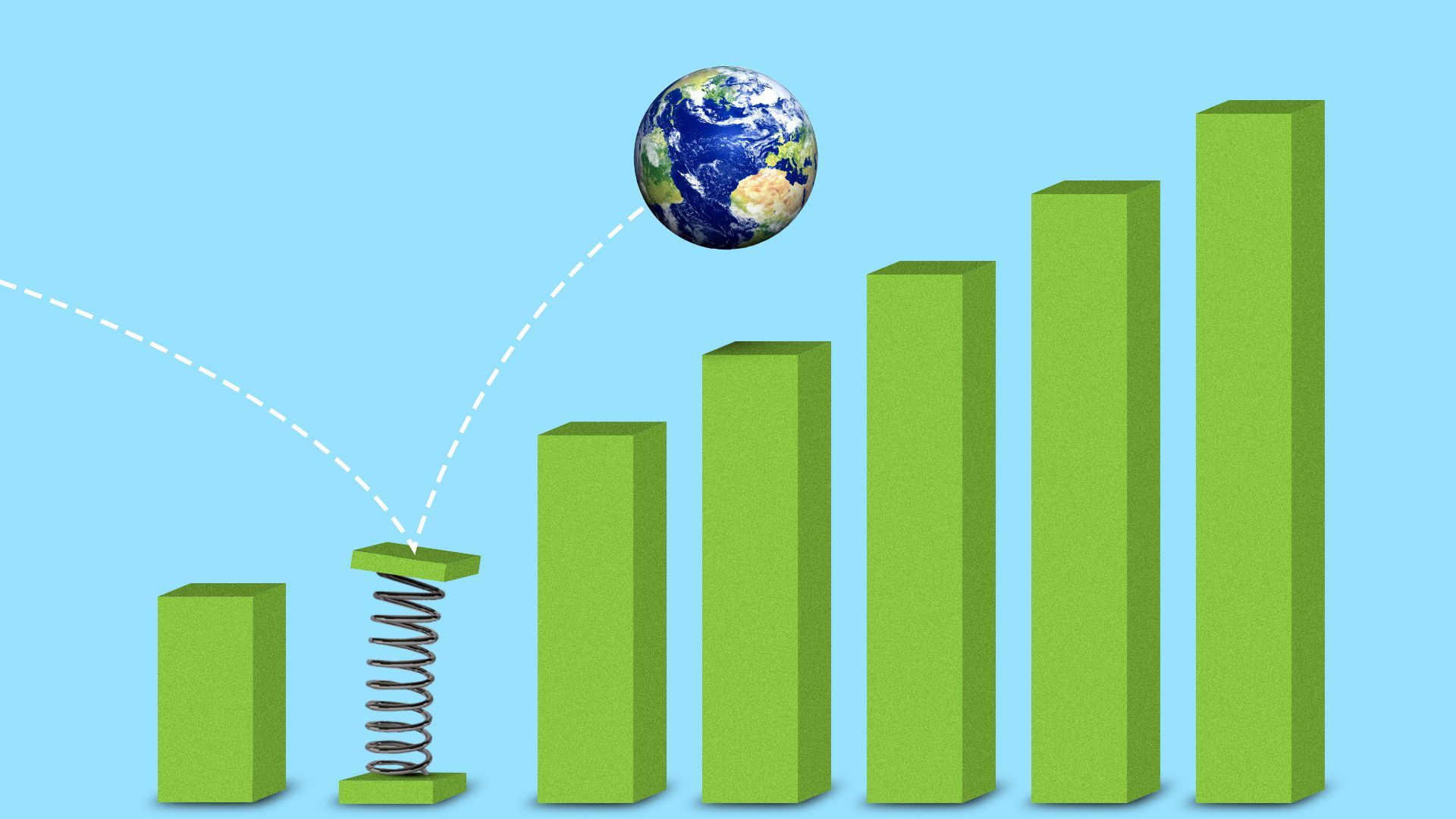 Illustration of an upward trending bar chart with one of the bars as a springboard, springing the Earth over the proceeding bars. 
