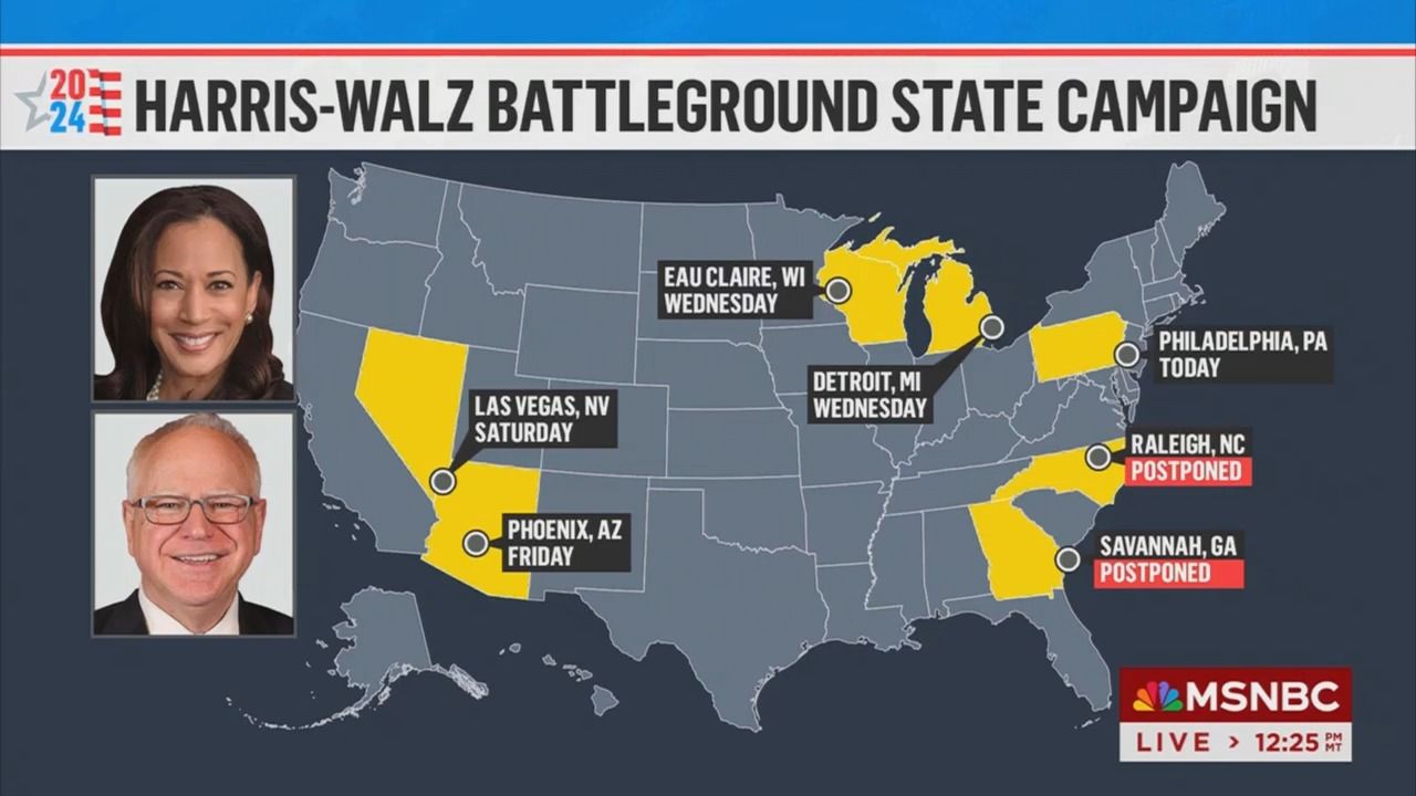 MSNBC screenshot showing a Harris-Walz battle ground state tour map