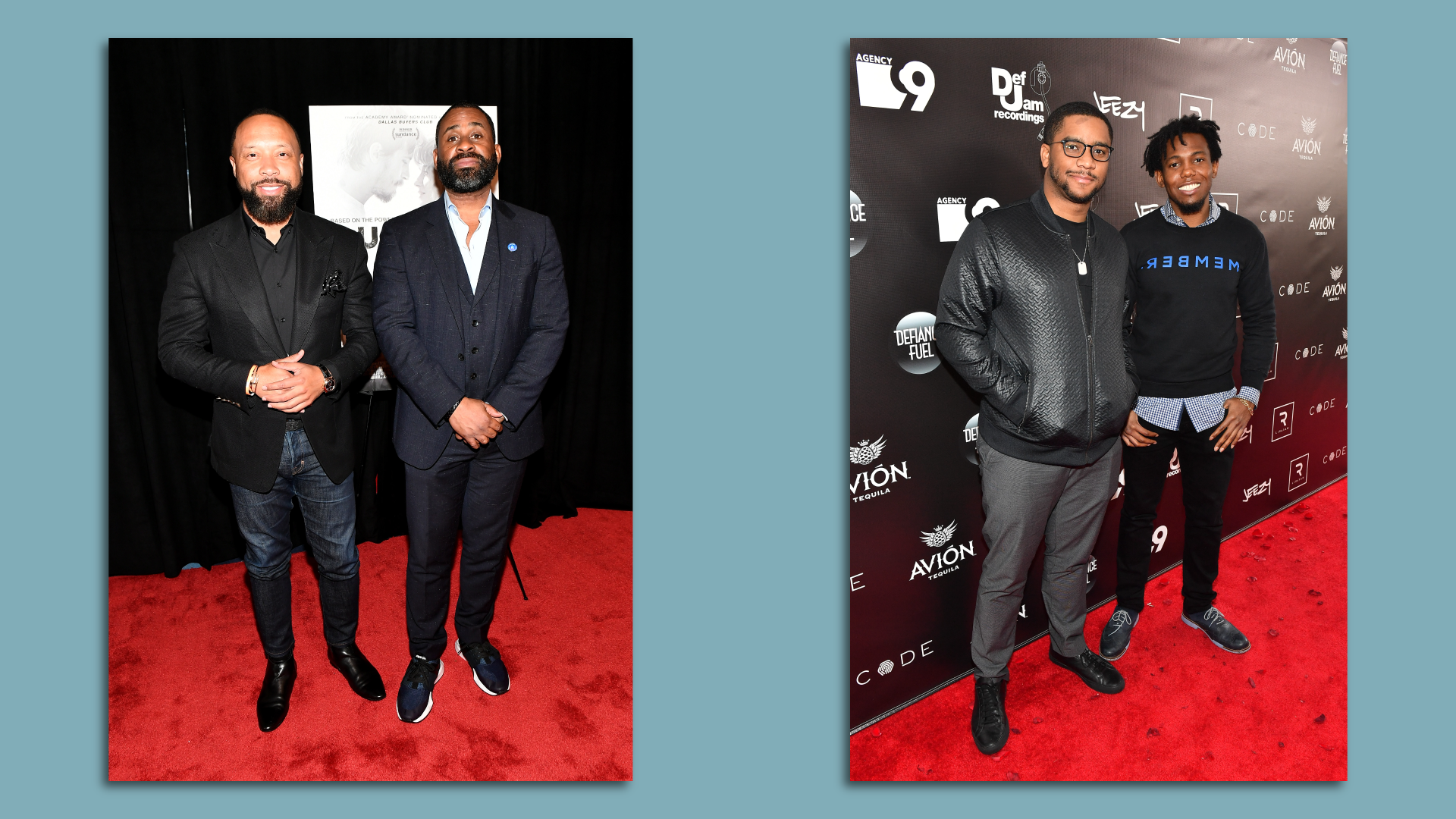 Side by side photos on a light blue background of Paul Judge and Ryan Glover on a red carpet and Ryan Wilson and TK Petersen also on a red carpet