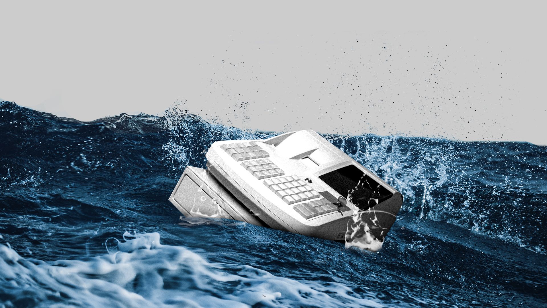 Illustration of a cash register being tossed around in rough waves