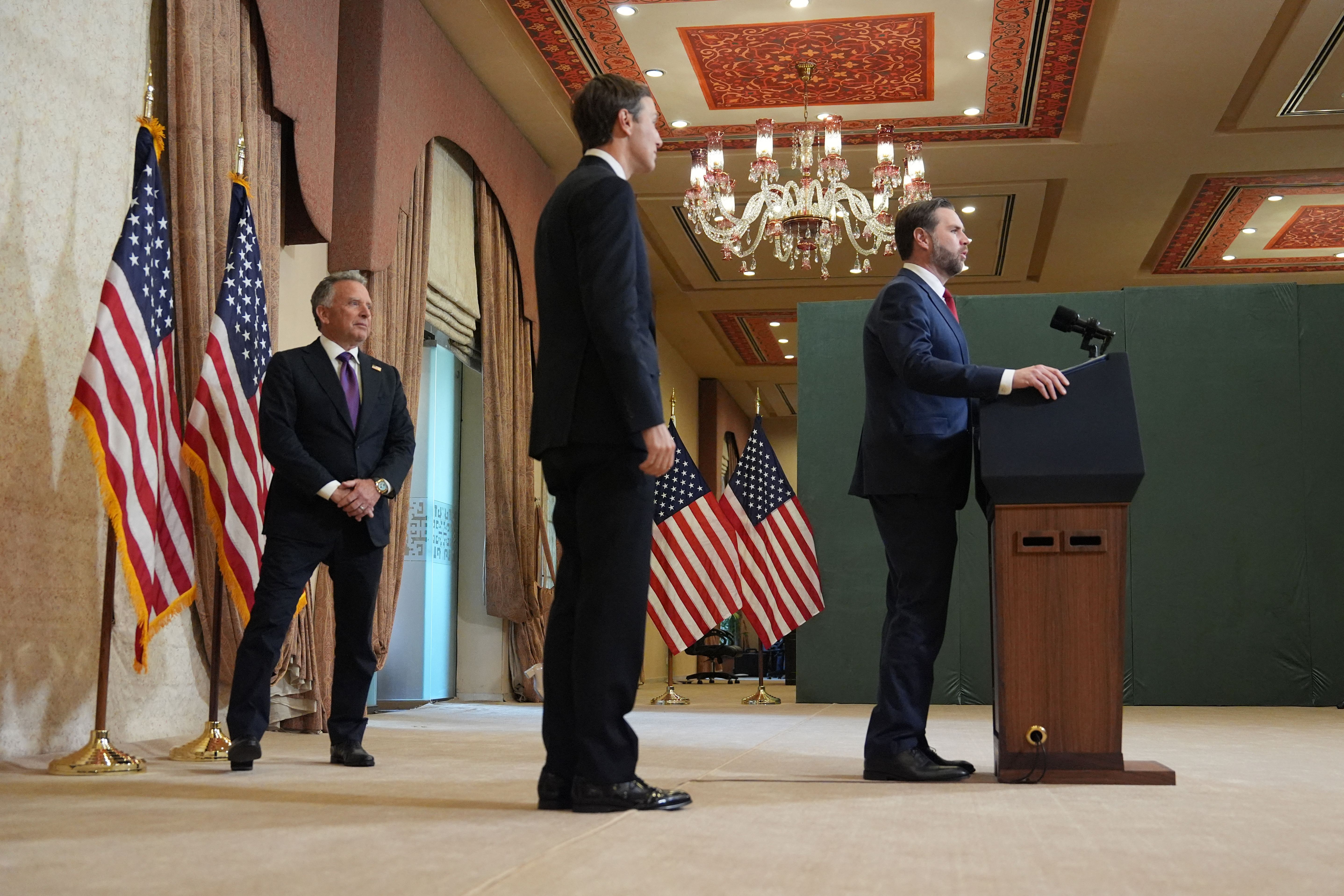 Vice President JD Vance with Jared Kushner and Steve Witkoff at a press conference yesterday in Islamabad, Pakistan. Photo: Jacquelyn Martin/AFP via Getty Images