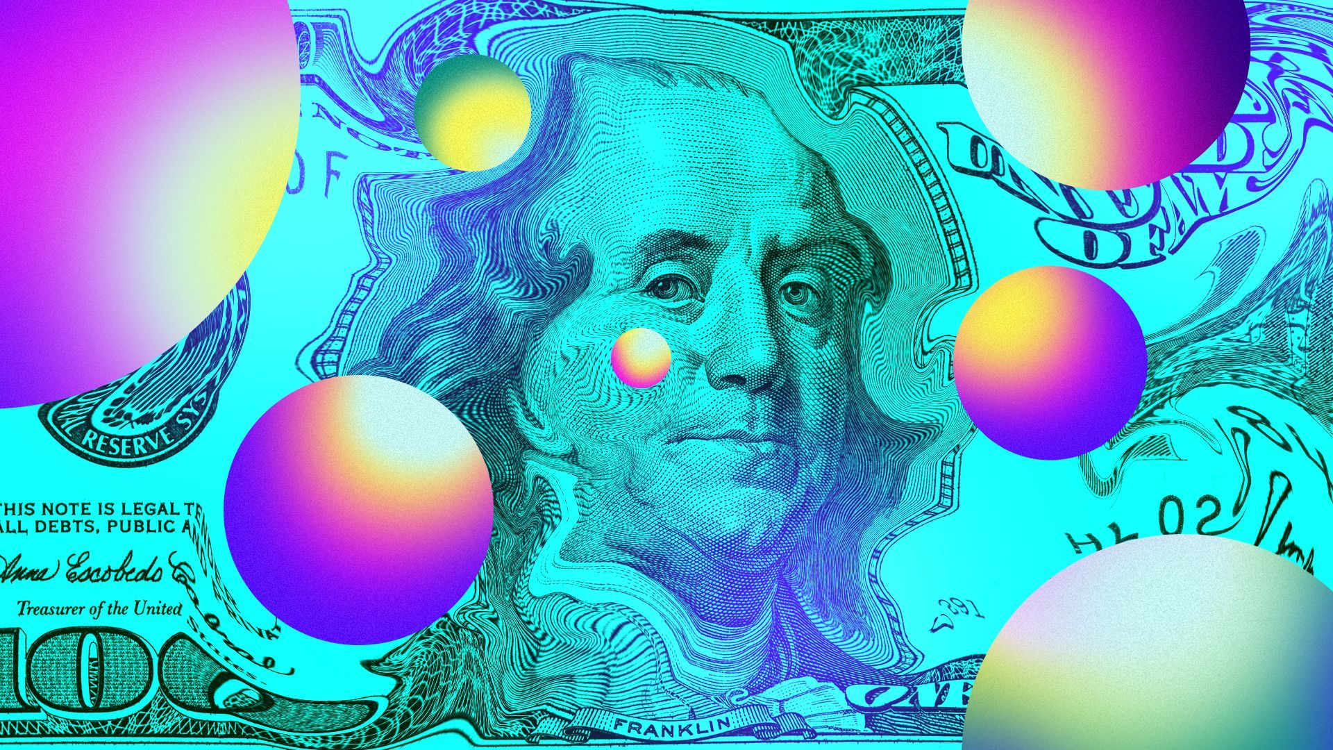 Illustration of a warped hundred dollar bill with balls of color over it