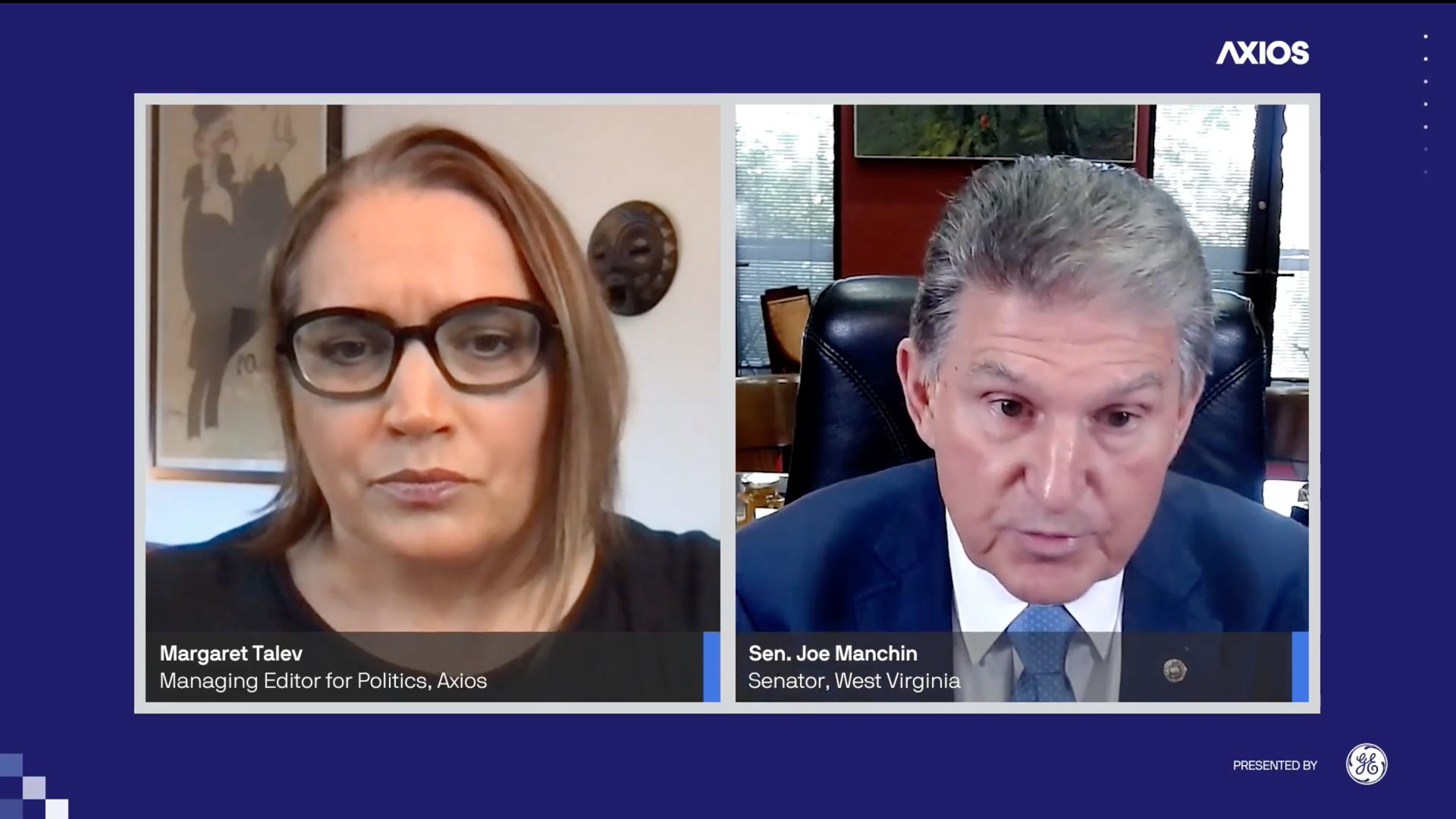 Screenshot of Axios event, Axios' margaret Talev on the left and Sen. Joe Manchin on the right