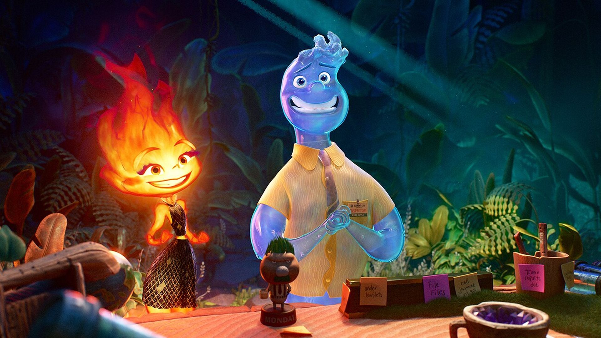 Two animated characters sit down together in a still from the movie "Elemental" from Pixar