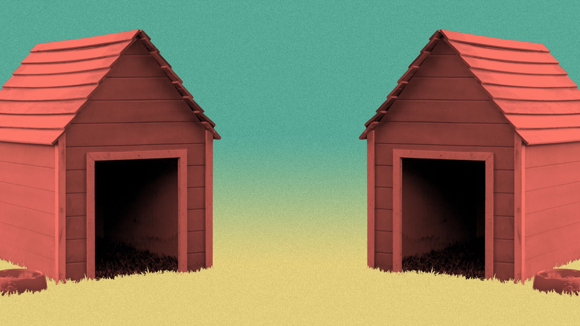 Illustration of two dog houses. 