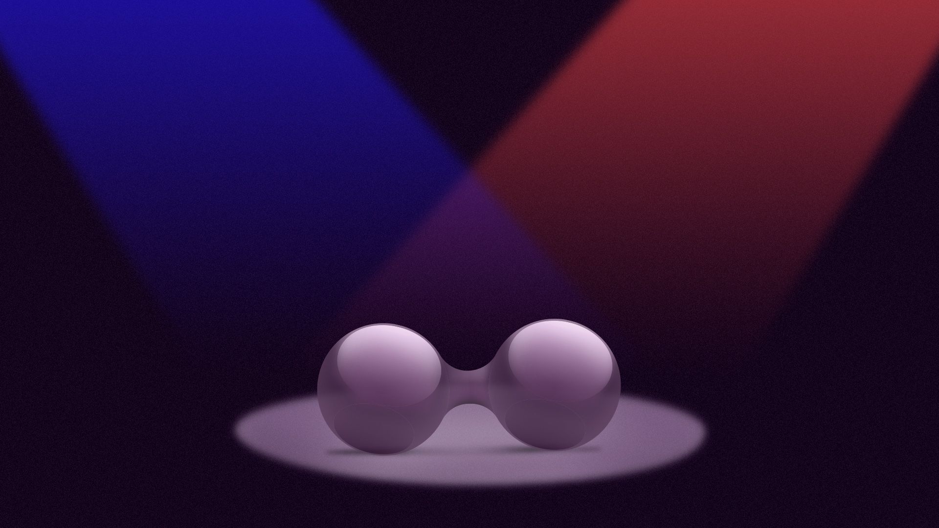 illustration of a hydrogen atom being cast in purple light from a red spotlight and a blue spotlight in each corner