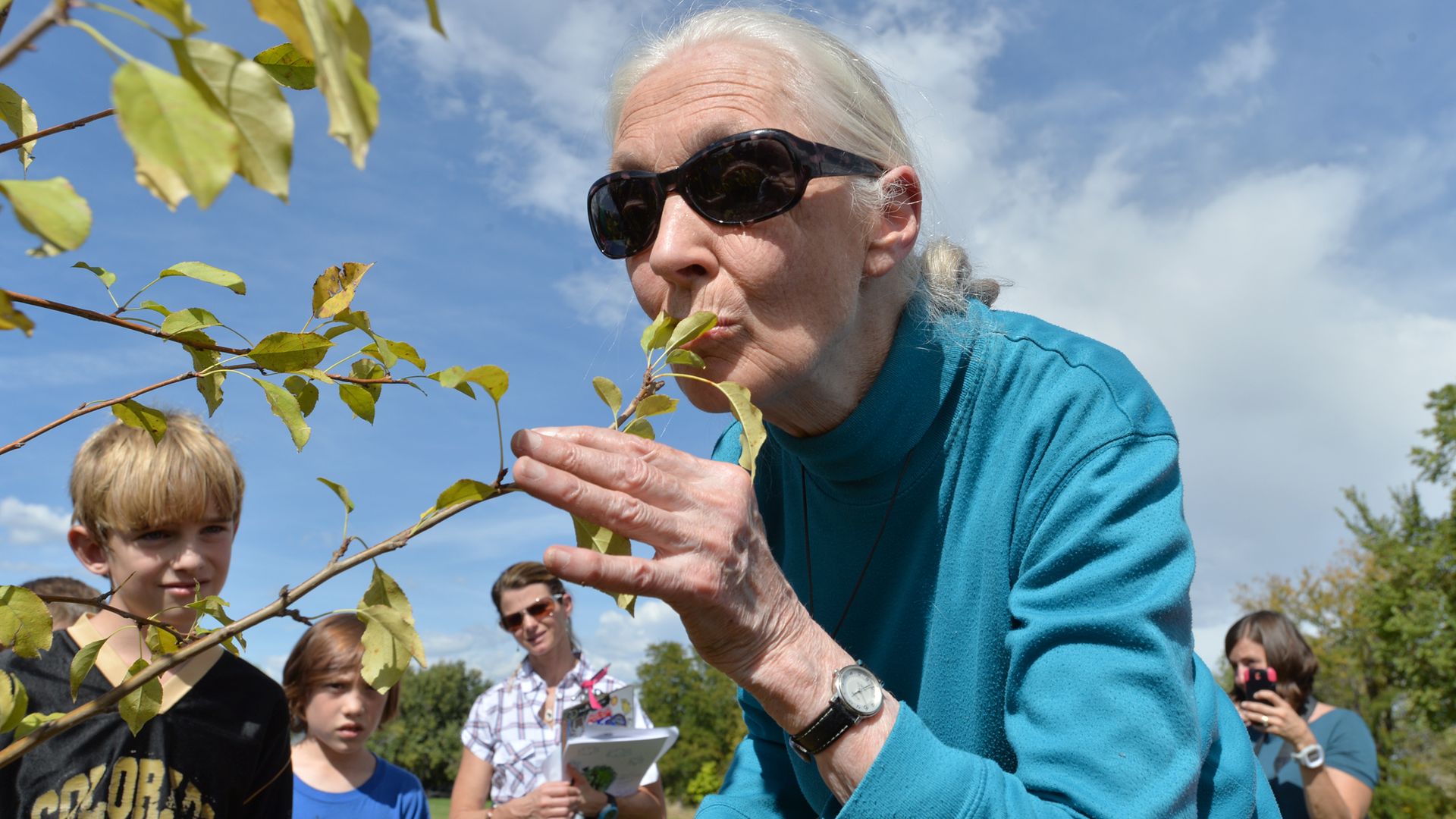 Jane Goodall in a blue sweater and sunglasses kisses a green leafy branch outdoors, while children and adults watch on a sunny day.