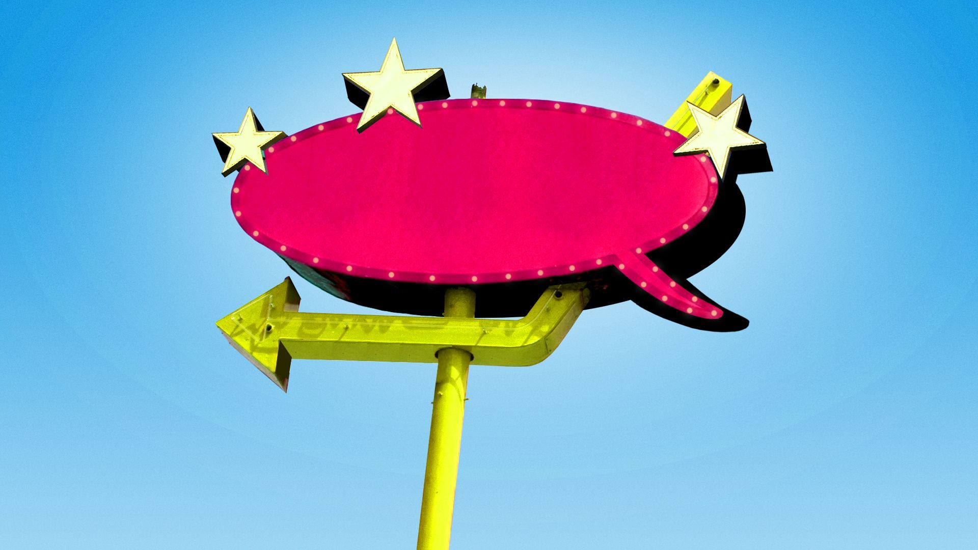 Illustration of a retro neon road sign shaped like a speech bubble with stars and an arrow pointing backwards.