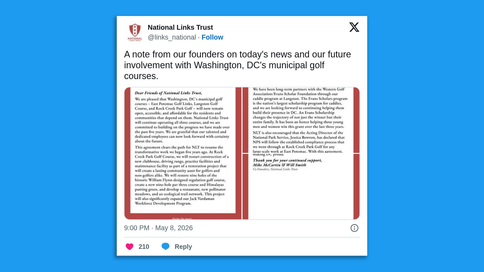 Social post by National Links Trust on a bright blue background; white card features a note about Washington, DC's municipal golf courses, with a red-bordered, two-column letter image.