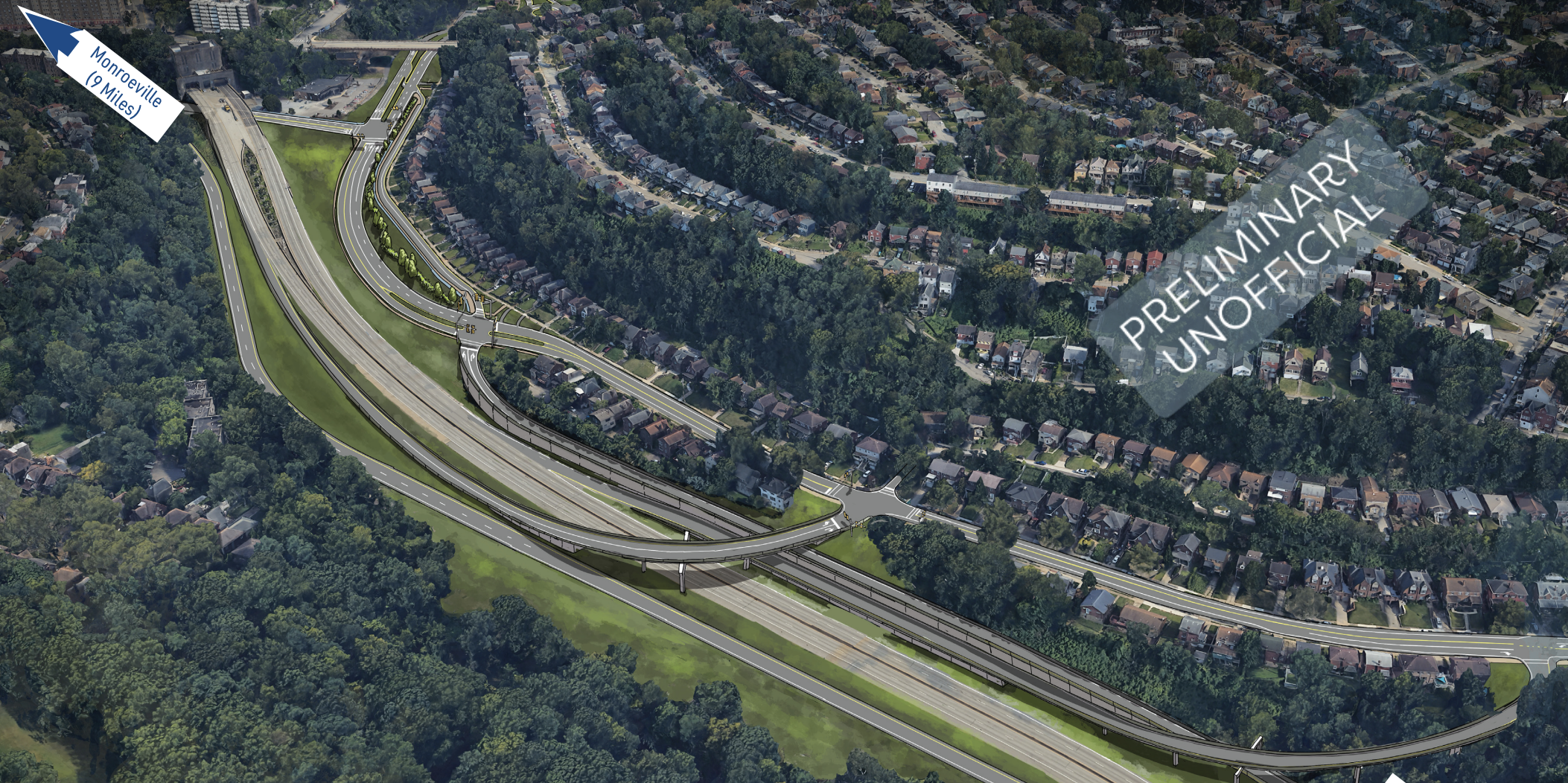 Aerial view of a highway interchange near a residential area with many houses and trees, showing road connections and an arrow pointing to Monroeville (9 miles). Text reads PRELIMINARY UNOFFICIAL.