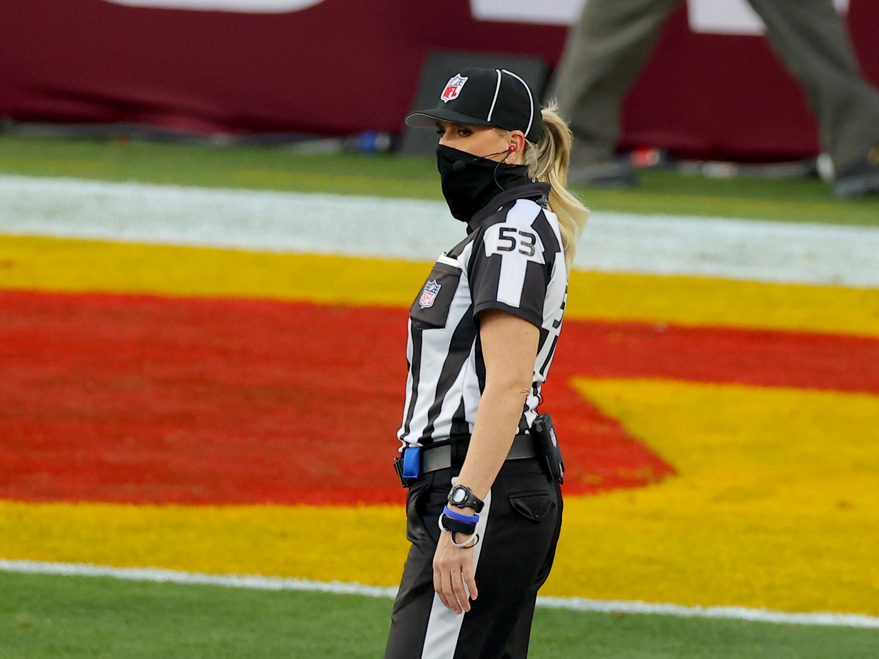 Line judge Sarah Thomas #53, has made history at the game, becoming the  first woman to officiate in a Super Bowl. 