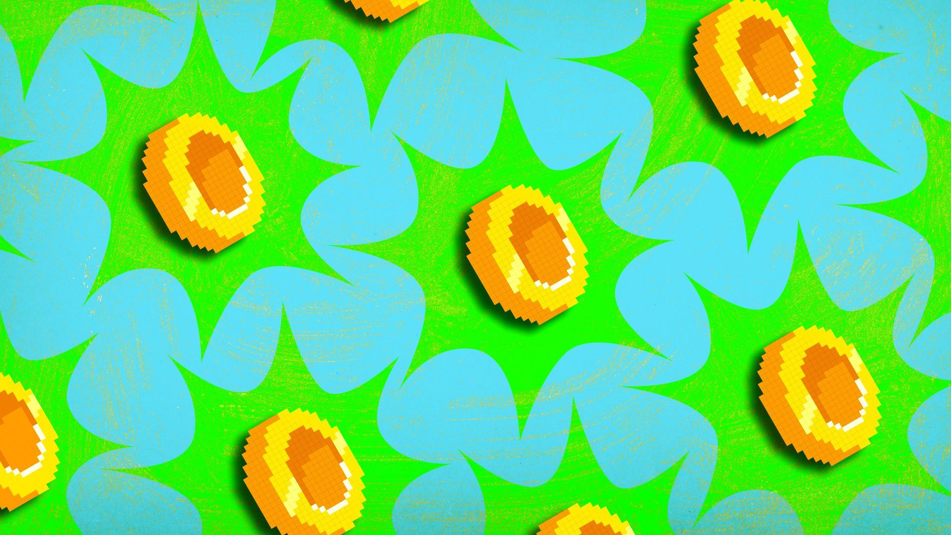 Illustration of a pattern of pixelated coins in starburst shapes repeating.