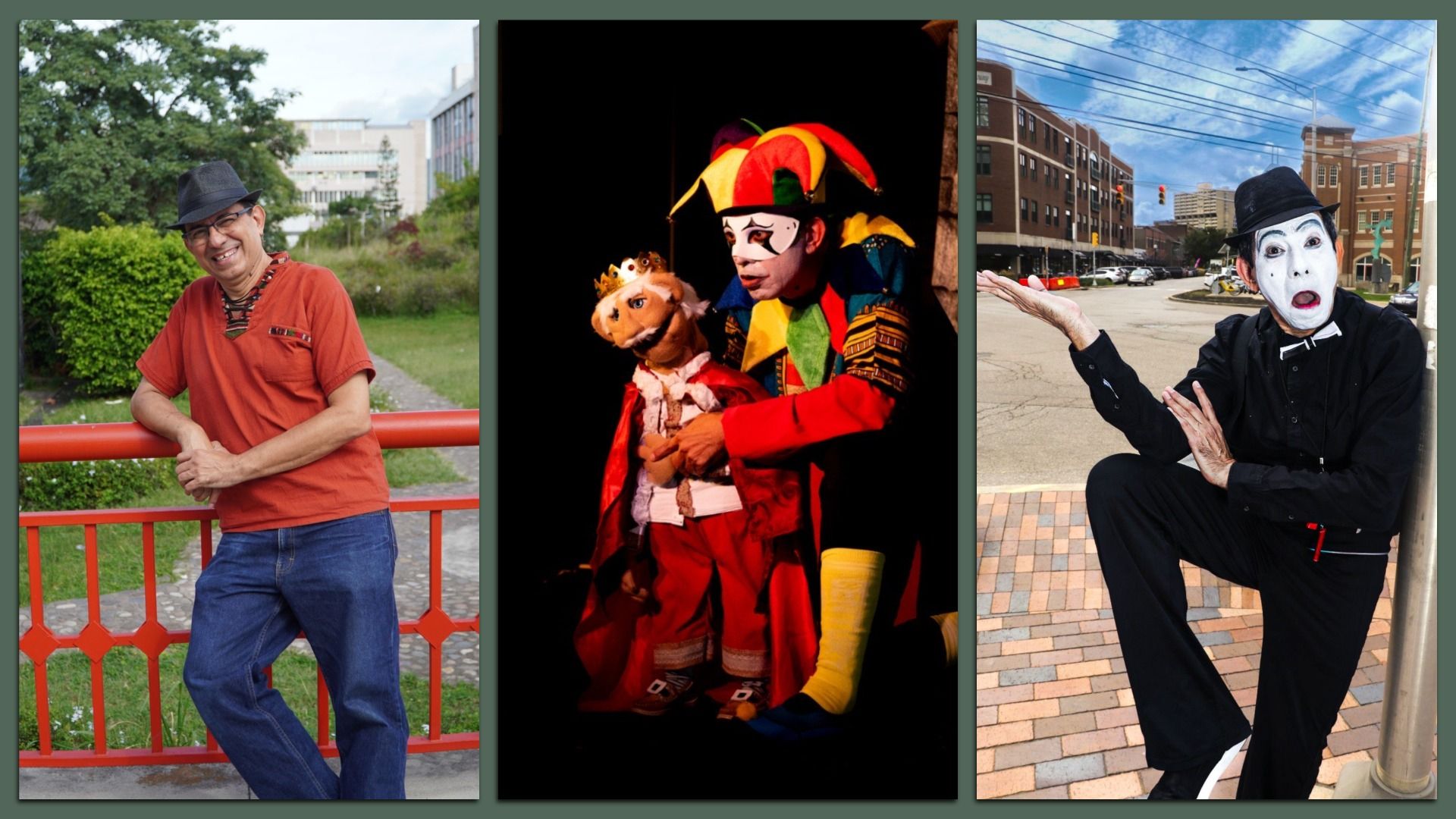 Three images: man in orange shirt and hat leaning on red railing outside; jester puppeteer in colorful costume with puppet king on dark stage; mime in black suit with white face paint posing on city sidewalk.