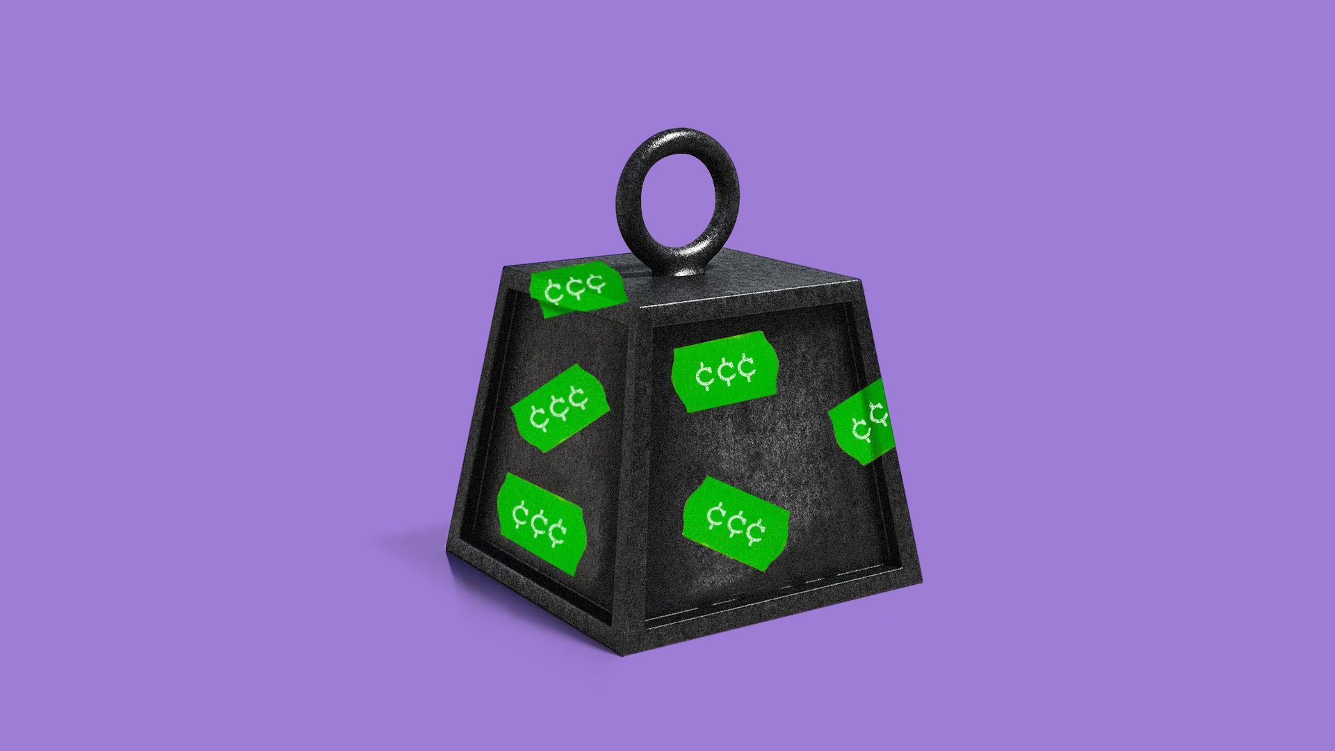 Illustration of a ton weight covered in price tags with cent symbols on them. 