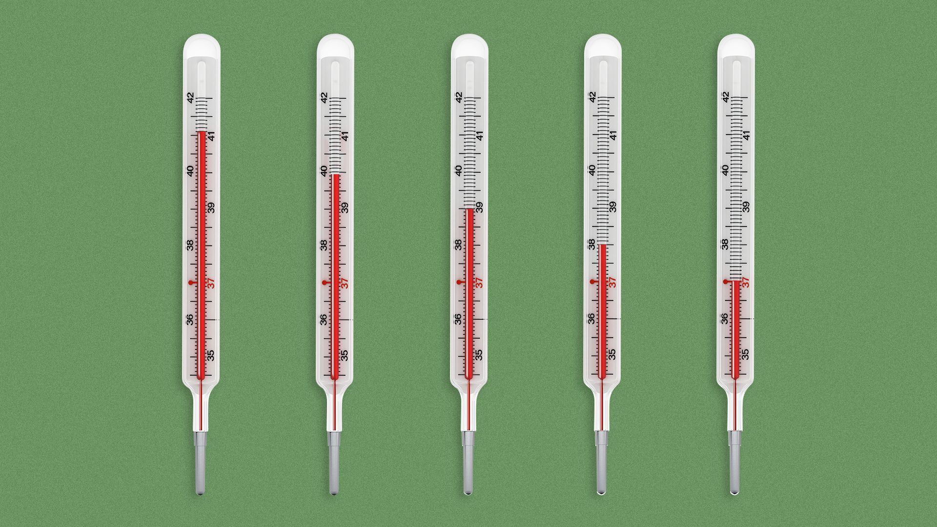 Illustration of a set of thermometers showing a progressively lower temperature.  