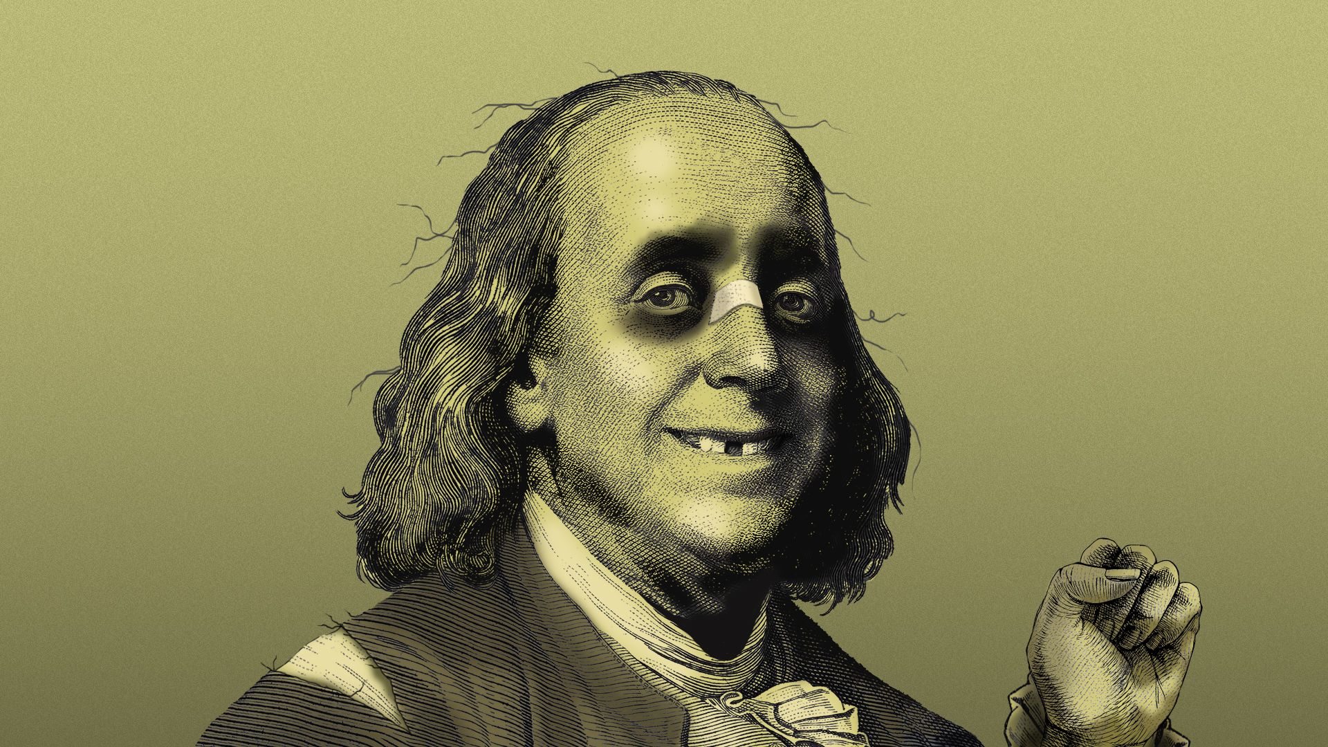 Illustration of a beat up Ben Franklin smiling and with his fist in the air
